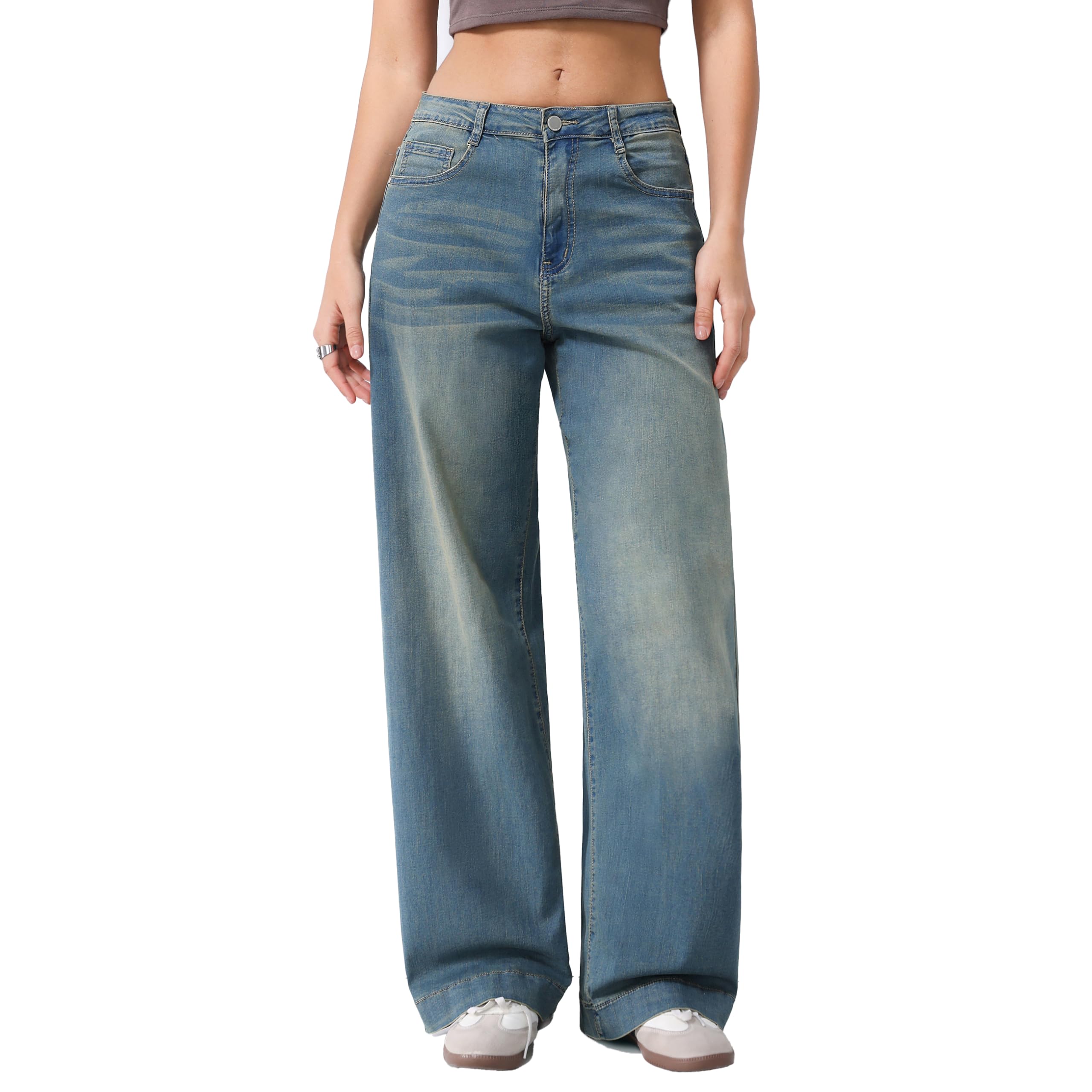 Jeans Donna Vita Alta Gamba Larga Denim Elasticizzato Lavaggio Chiaro Casual Streetwear Comodi