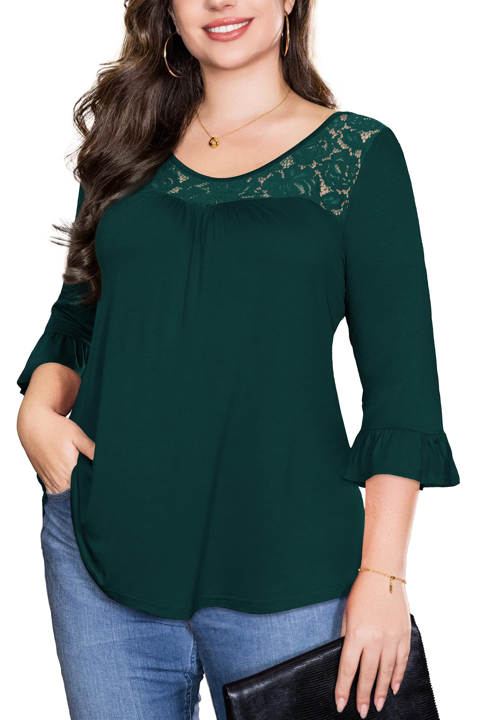 Plusashion Womens Plus Size Tops 3/4 Ruffle Sleeve Shirts Loose V-Neck Dressy Casual Tunic Blouses