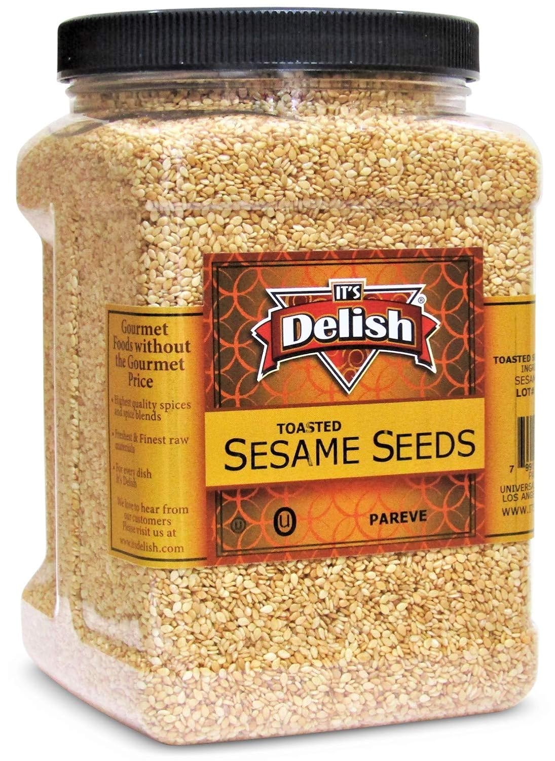 Gourmet Toasted Whole Sesame Seeds by It's Delish – 38 OZ Jumbo Reusable Container – Natural Gluten-Free Fresh Oven Roasted White Hulled Sesame – Restaurant Bulk Size Great for Oriental Noodles, Cooking, Baking, Coating, Topping & Food Decor