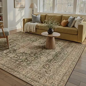 5x7 Washable Green Vintage Area Rug for Living Room Bedroom Traditional Low Pile Soft Carpet Non-Slip Thin Retro Distressed Accent Throw Rug for Dining Room Office Dorm Kitchen Indoor