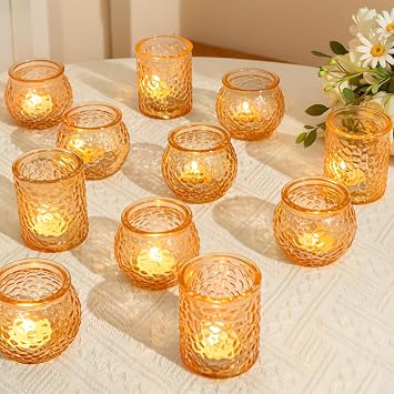 24-Piece Gold Glass Votive Candle Holders Set Tealight Candle Holder Glass Bulk with 12 Round & 12 Hammered Textured Cups, Gold Votive Candle Holders for Weddings, Parties, Home