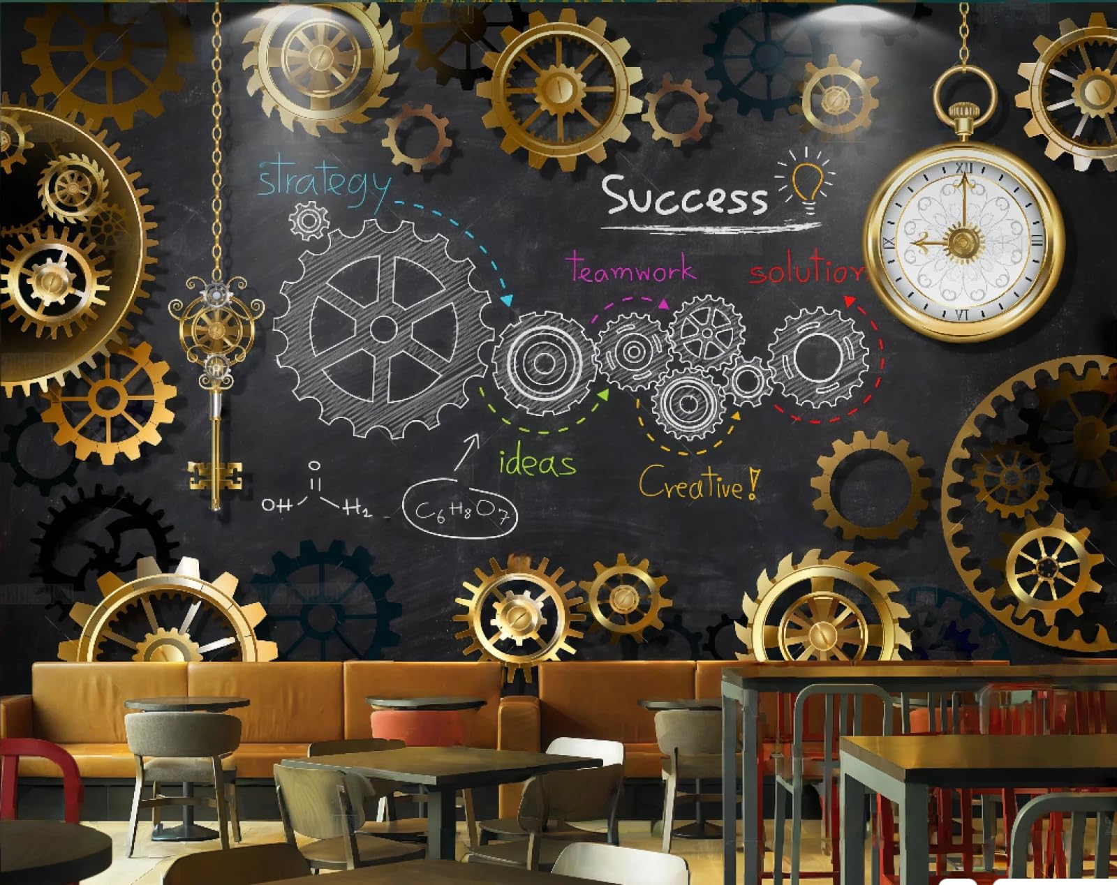 XDOUBAO Wallpaper Blackboard Graffiti Letters Three-Dimensional Golden Gear Bar Afternoon Tea Coffee Shop Background Mural Western Restaurant Wallpaper,3D,300x210cm