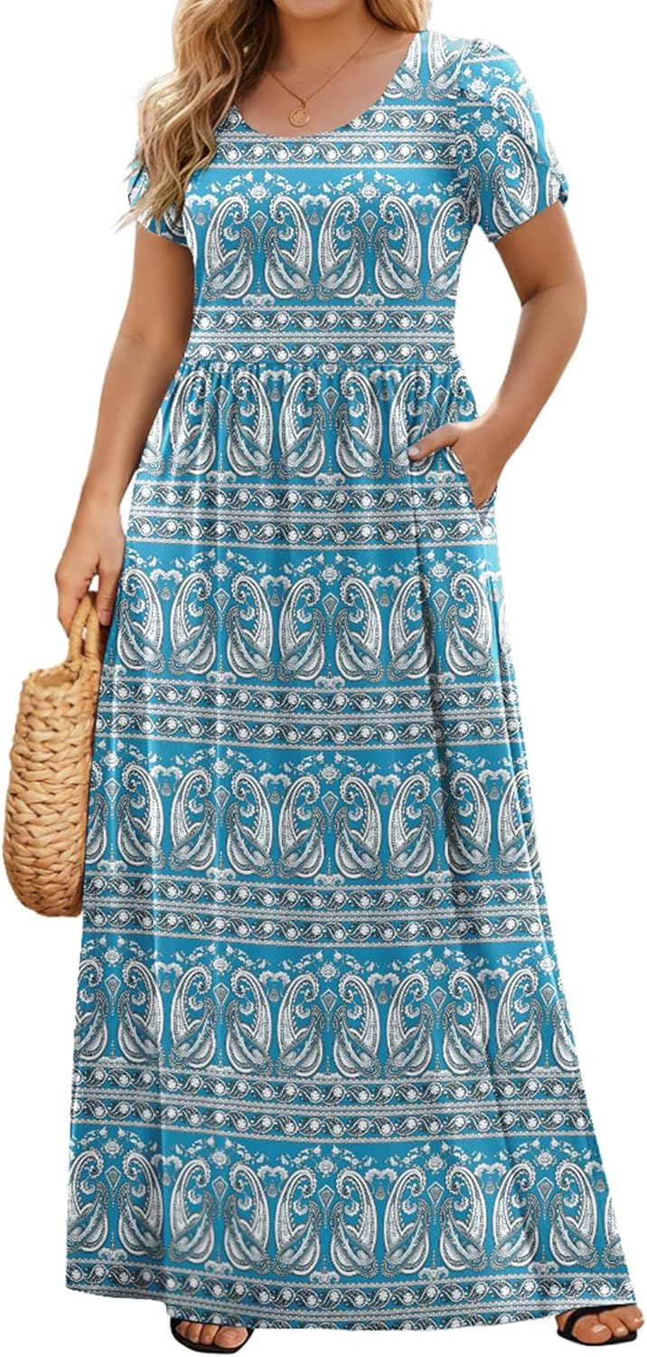 IN'VOLAND Plus Size Maxi Dresses for Women Summer Petal Short Sleeve Dress Casual Loose Flowy Long Sundress with Pockets