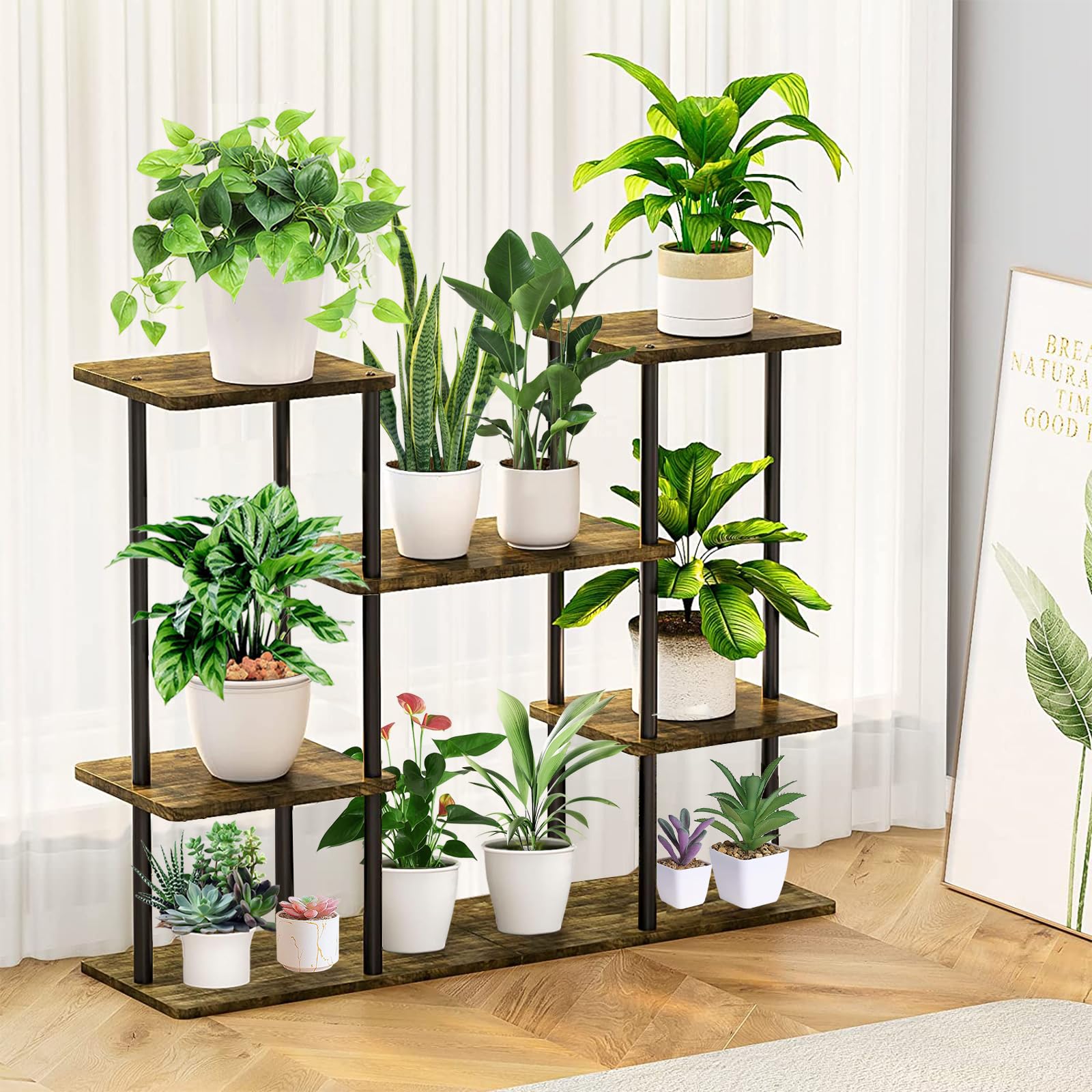YOCOMEY 4 Tier Wood Plant Stand Indoor, Large Tiered Flower Pot Holder Metal Rack Shelves, Multiple Planter Shelf Display Storage Organizer for Living Room Patio Balcony Garden(10Pot, Black)