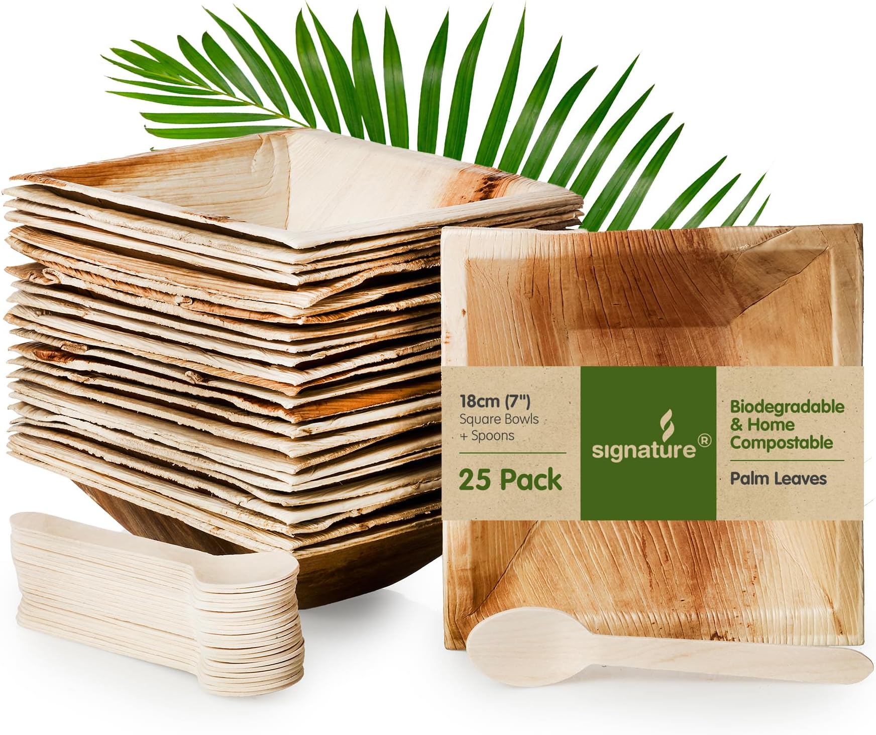 Signature Packaging - Disposable Bowls - Palm Leaf - 25 Pack - Square 7" + Spoons