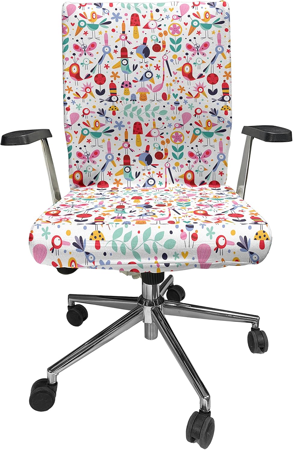 Ambesonne Birds Office Chair Cover, Funny Birds with Hats Smiling Mushrooms Flowers Modern Cartoon Joy, Stretchable Decorative Universal Size High Back Printed Slipcover, Multicolor and White