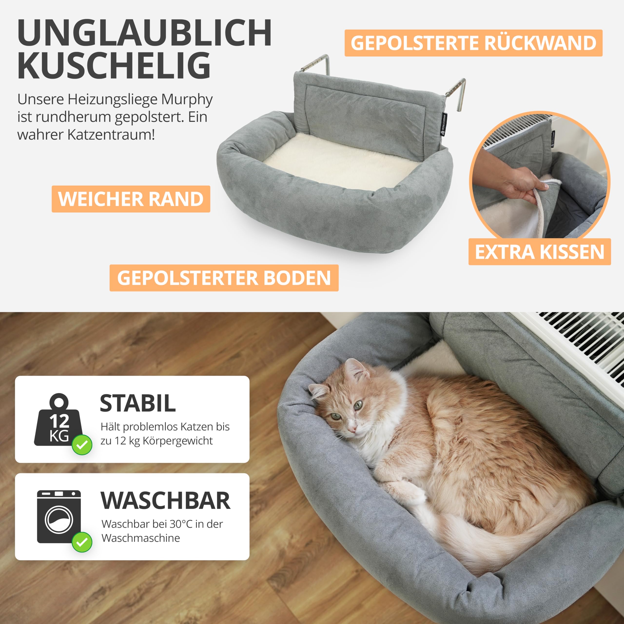 Premium Heizungsliege für Katzen - Murphy - für Katzen bis 12kg - passend für alle Heizkörper - rundum gepolstert - Katzenbett für die Heizung