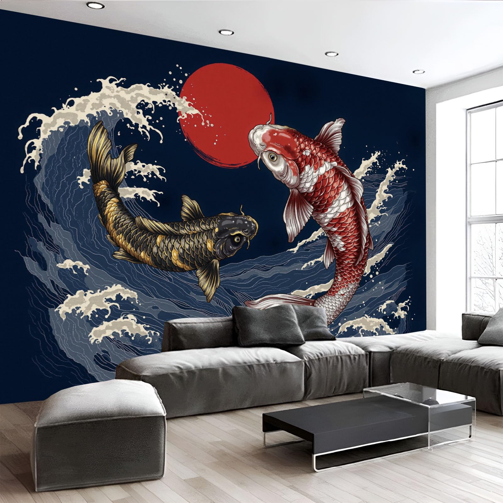 Papier peint panoramique ukiyo-e bleu profond décoration murale 3D