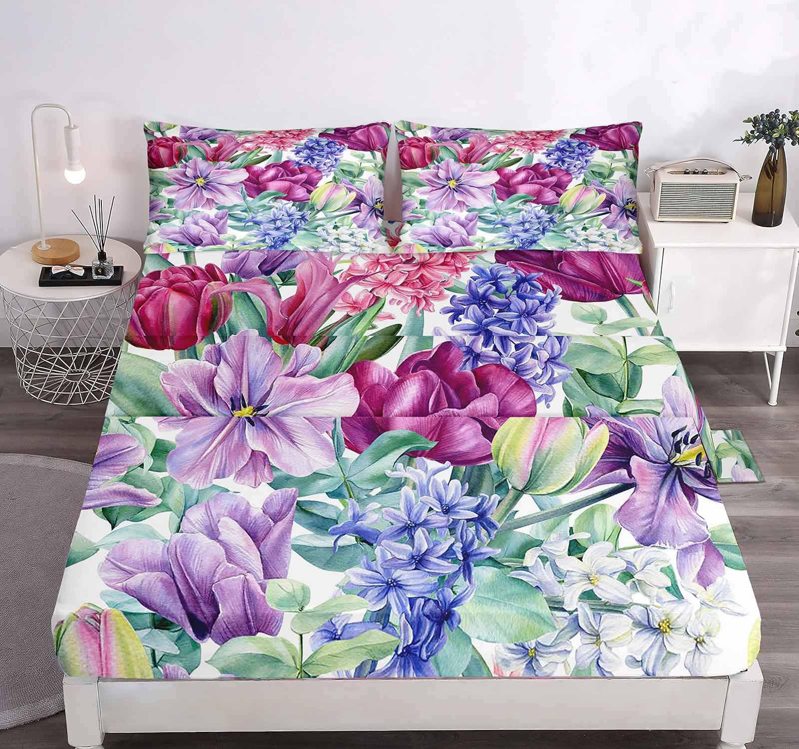 LUVIVIHOME 4PCS Purple Floral Sheets Set, Twin Bed Sheets, Green Plant Leaves Botanical Spring Garden Watercolor Blossom Tulip Blue Flower Bedding Set