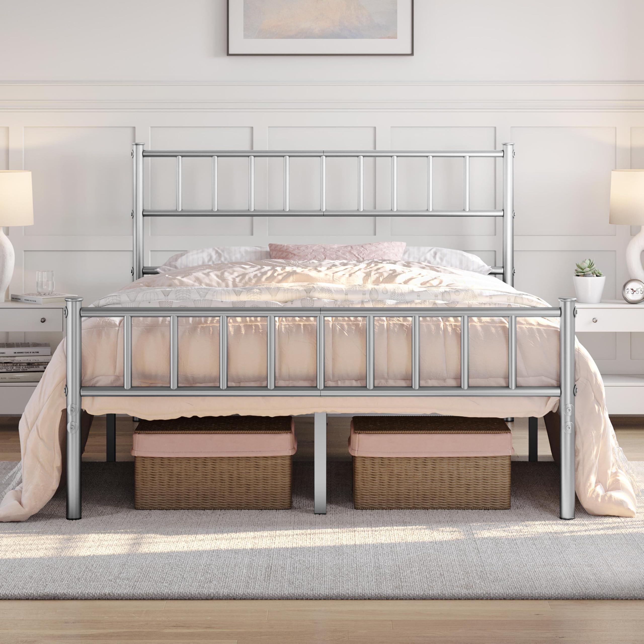 Yaheetech 4ft6 Double Bed Frame Metal Bed Frame with Slatted Headboard and Footboard Solid Slat Support Silver โ image 1