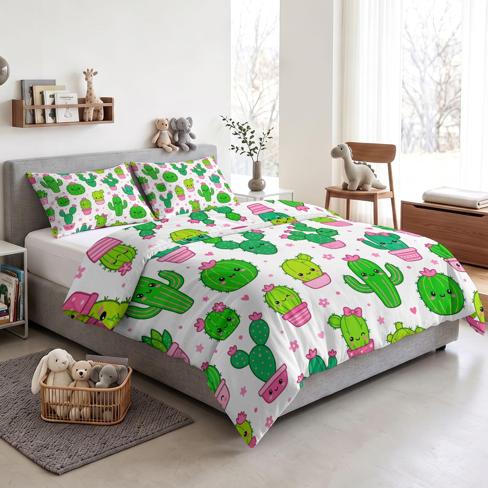 Zestaw poszewek na kołdrę Śliczne rośliny 140 x 200 cm | Zestaw pościeli z mikrofibry 1 poszewka na poduszkę uśmiechnięty kaktus garnek dla dzieci dorośli zielony biały pokój wystrój