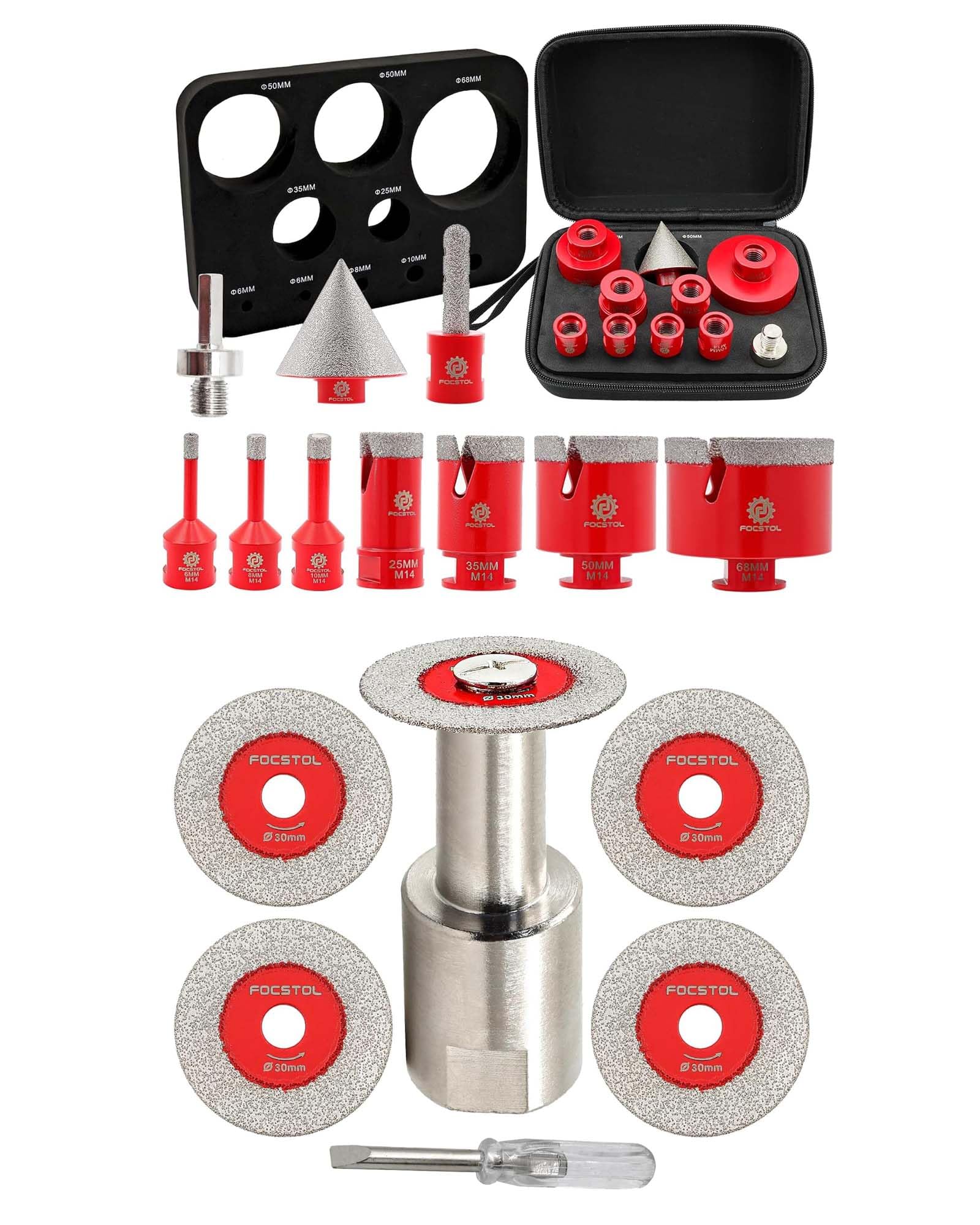 FOCSTOL Disco Corte Vidrio 5 piezas 30mm y 1 pieza M14 Brida y Juego de Brocas Diamante 10 piezas