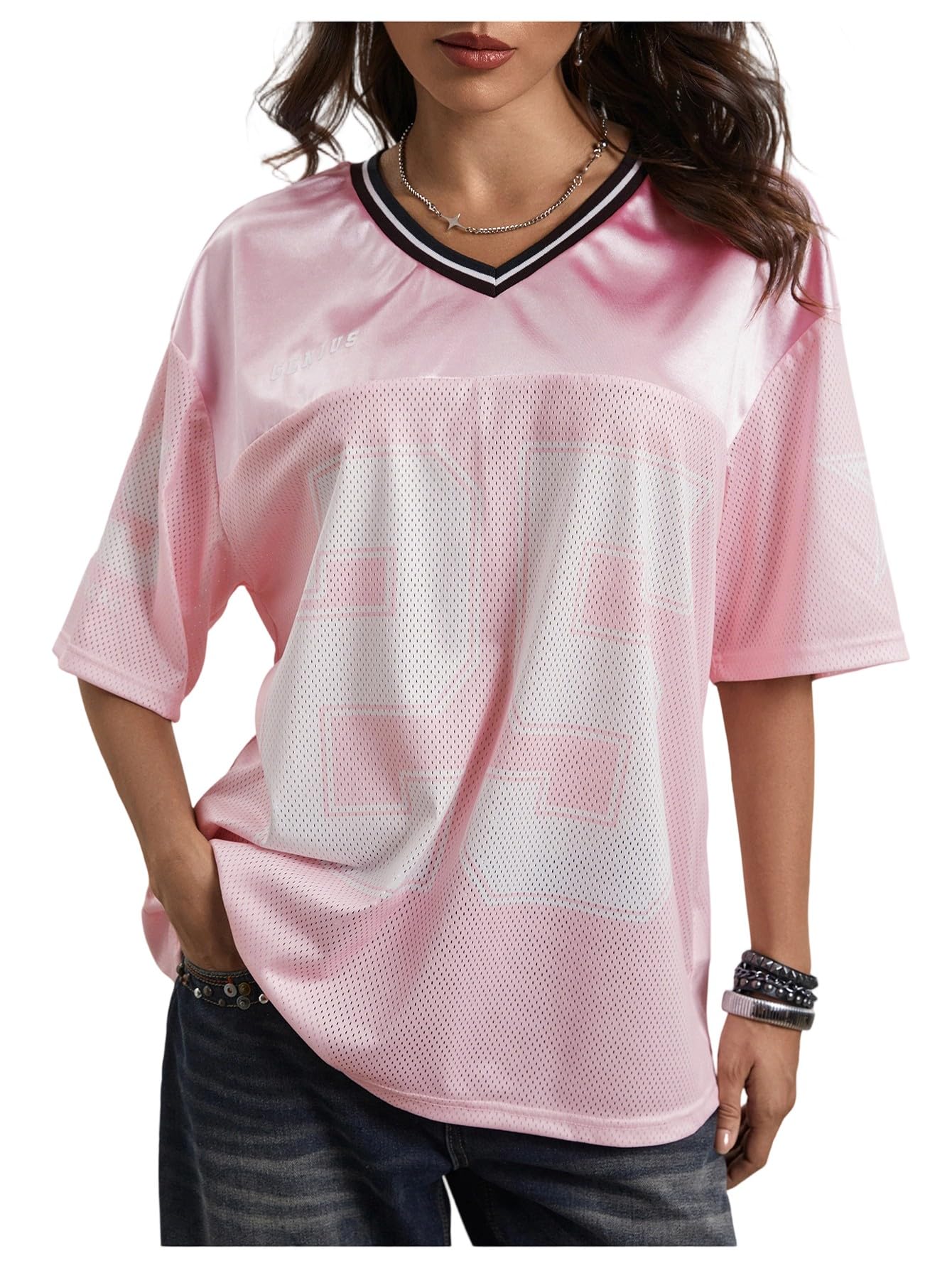 SOLY HUX Women's Y2k Baggy T-Shirts V Neck Half Sleeve Sportswear Tees Jersey Top Streetwear