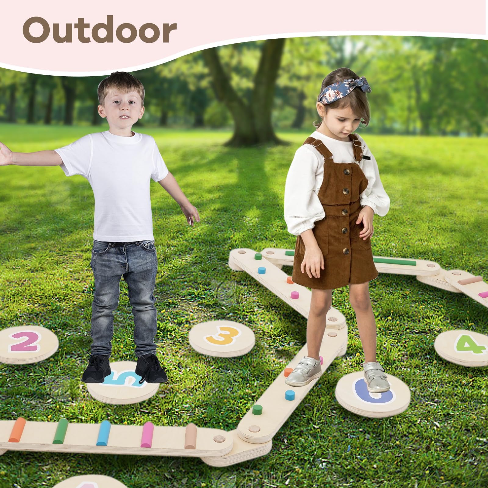 Juego de vigas de equilibrio de madera para niños de 3 a 6 años, 6 piezas de barras de equilibrio Montessori con piedras escalonadas, equipo de entrenamiento para interiores y exteriores