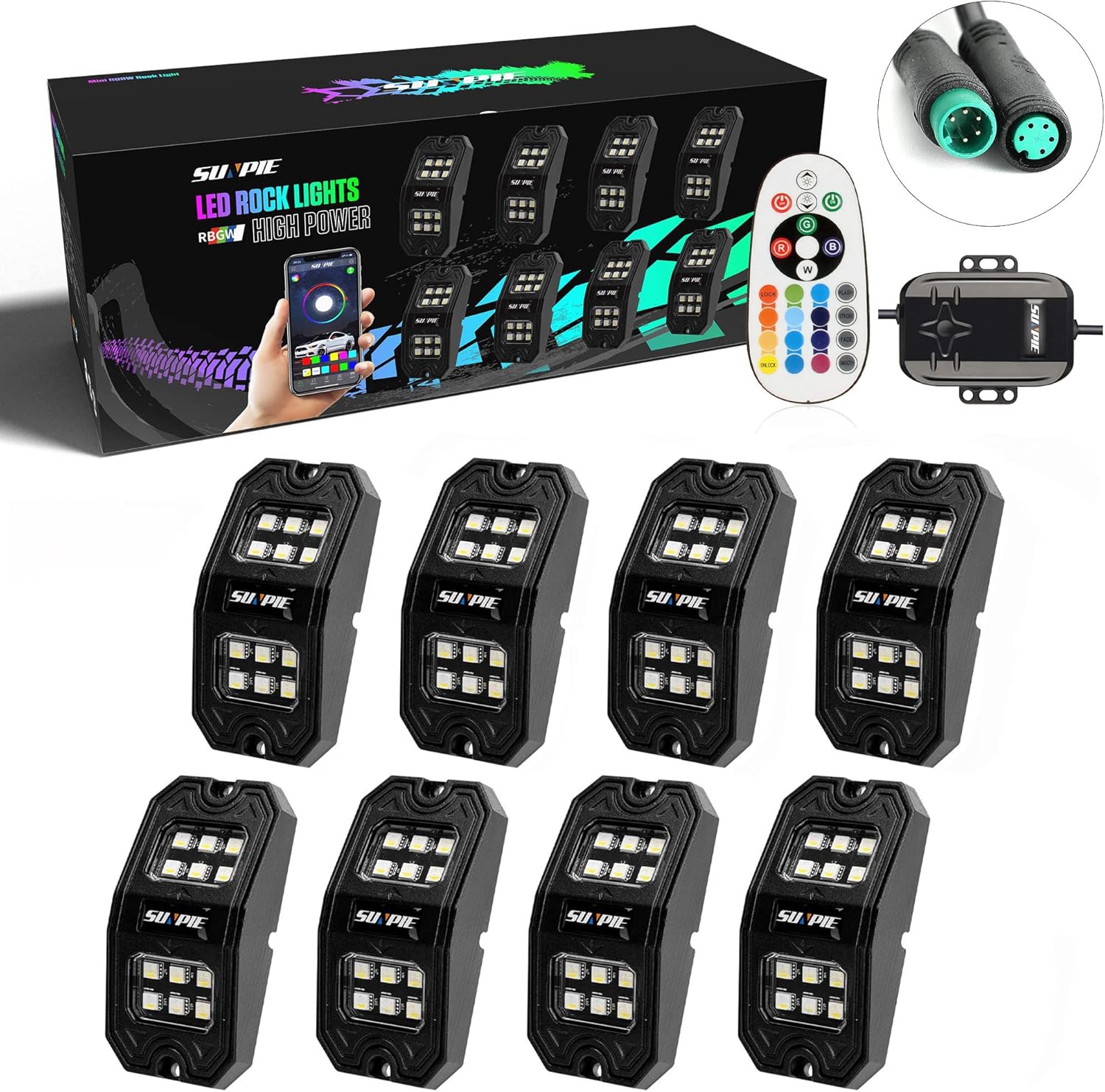 SUNPIE 8 Pods 210 Degrees Wide Angle RGBW Rock Lights Phone App Voice Mode Music Mode Automatic Control Neon Light Kit Wheel Well Lights for Off Road Truck SUV ATV UTV Boat