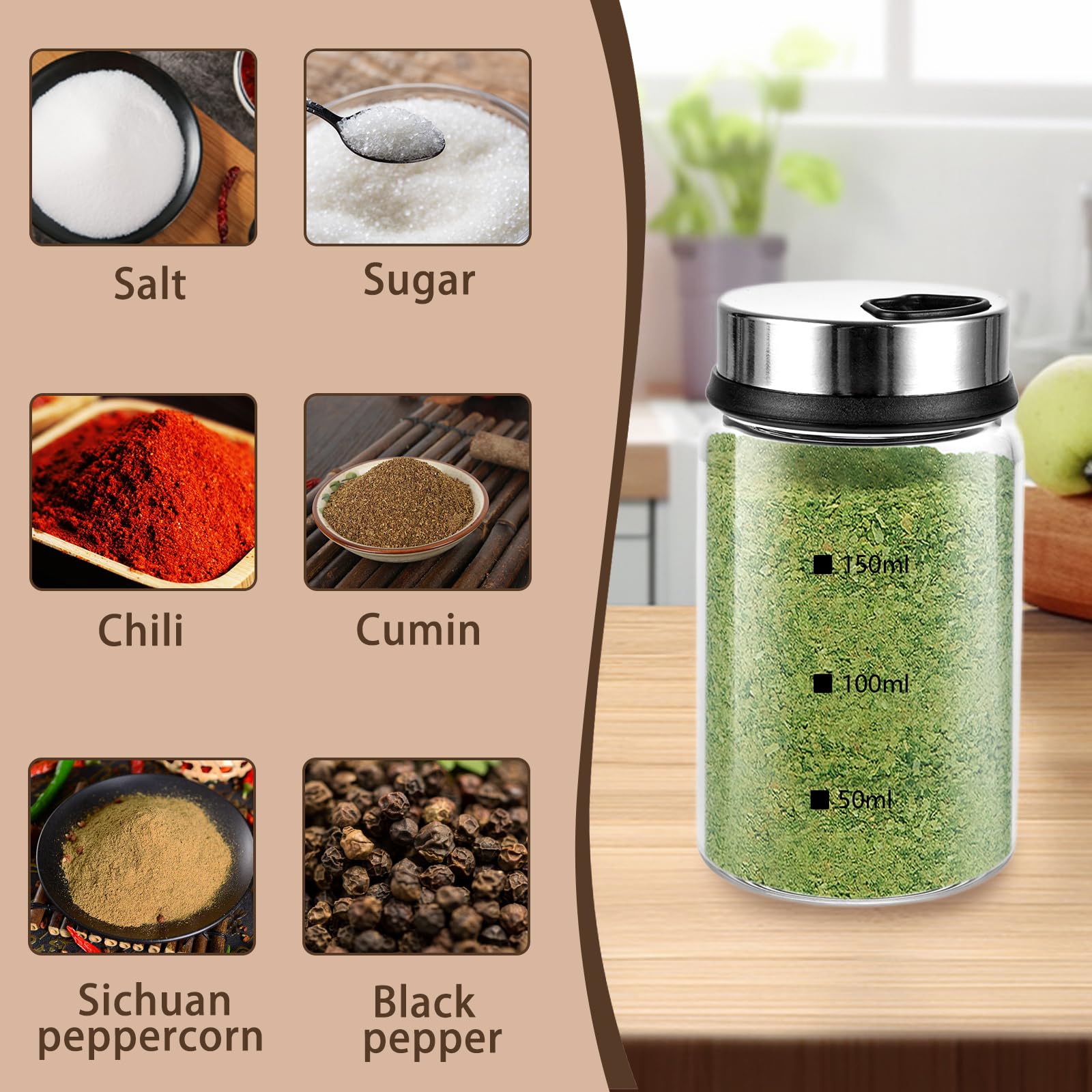 4 barattoli per spezie con coperchio girevole, 150 ml, saliera e pepe, contenitori per spezie con fori per spezie, in vetro borosilicato per cucina, grigliate all'aperto, cucina