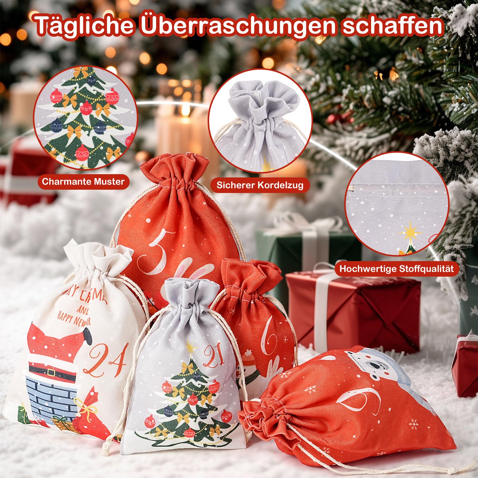 Adventskalender zum Befüllen, Weihnachtskalender Selber Befüllen Kinder, Adventskalender zum Selbstbefüllen stoff, 24 Weihnachtskalender zum Befüllen Säckchen, Adventskalender (Rot)