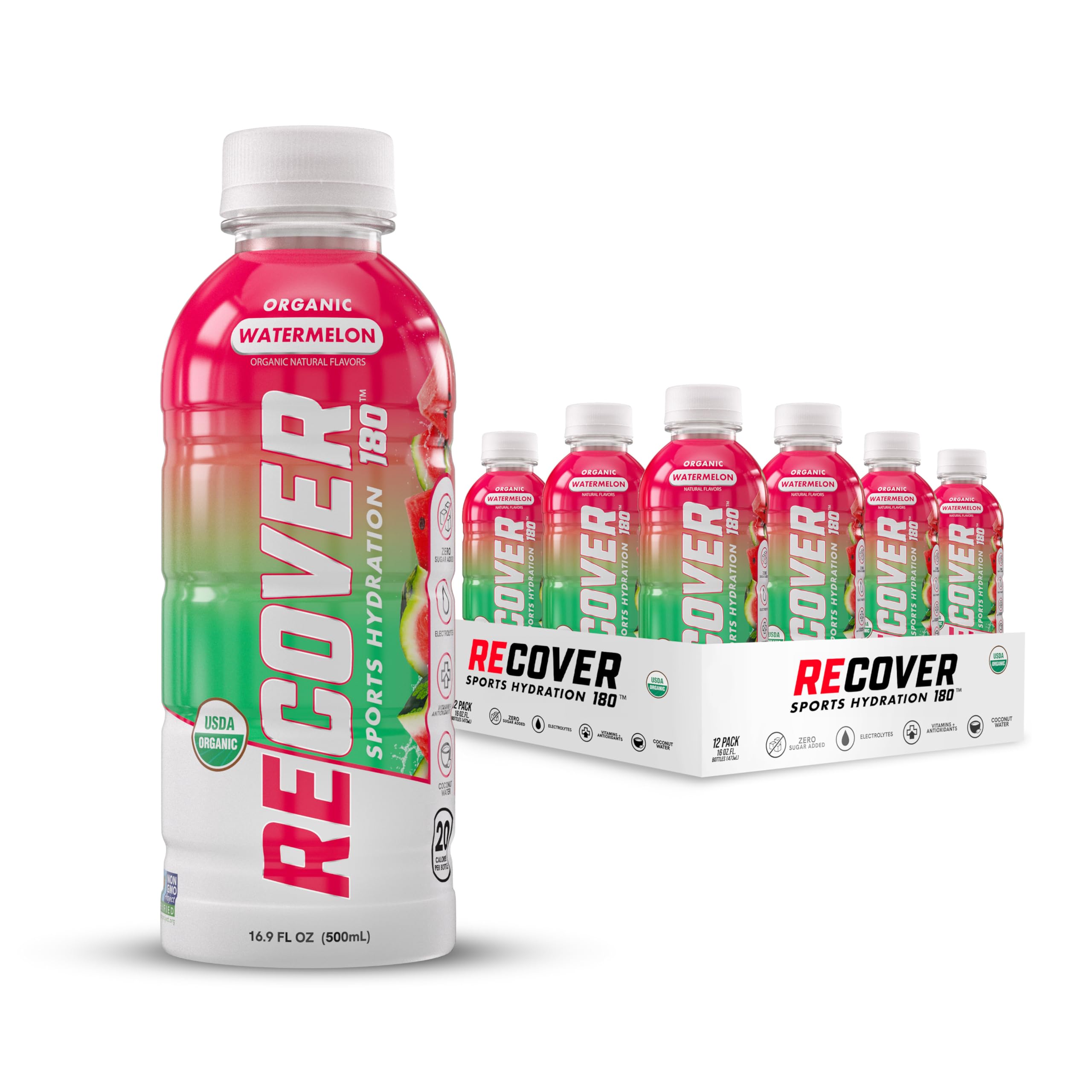 RECOVER 180 Organic Sports Hydration Drink, No Sugar Added, 15 Calorie Sports Beverage, Organic Flavors With Vitamins, Potassium-Packed Electrolytes (16.9 Fl Oz (Pack of 12), Watermelon)