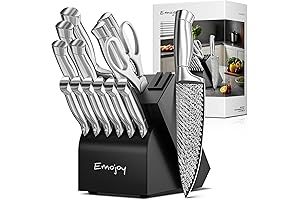 Emojoy 15 Pieces Knife Set with Knife Block Set with Built-in Sharpener