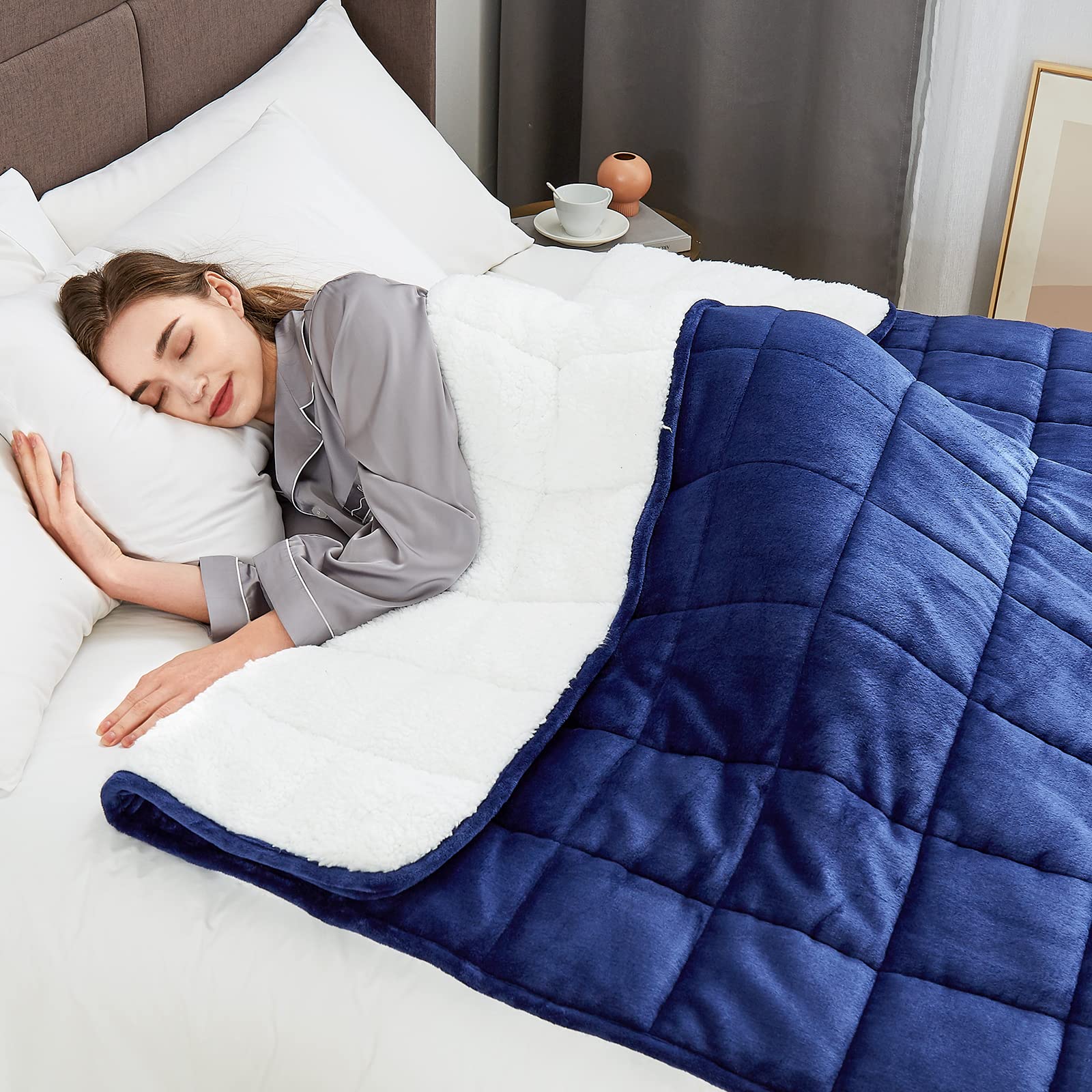 L'AGRATY Sherpa Flannel Weighted Blanket - 60x80 inches 15 lbs Dual Sided Comfort Thick Heavy Blankets for Adults Soft Fluffy Flannel Cozy Warm Sherpa for Sleep, Navy Blue