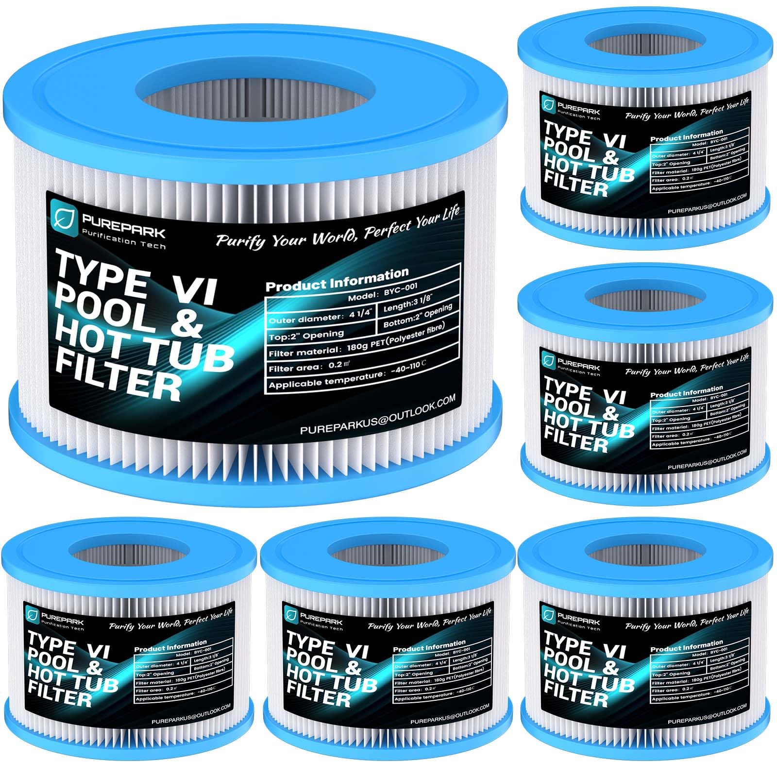 PUREPARK Type VI Hot Tub Spa Filter Cartridge Replaces Filter for Lay-Z-Spa, Coleman, and SaluSpa Hot Tubs 90352E 58323 90427E (6 Pack, PET)