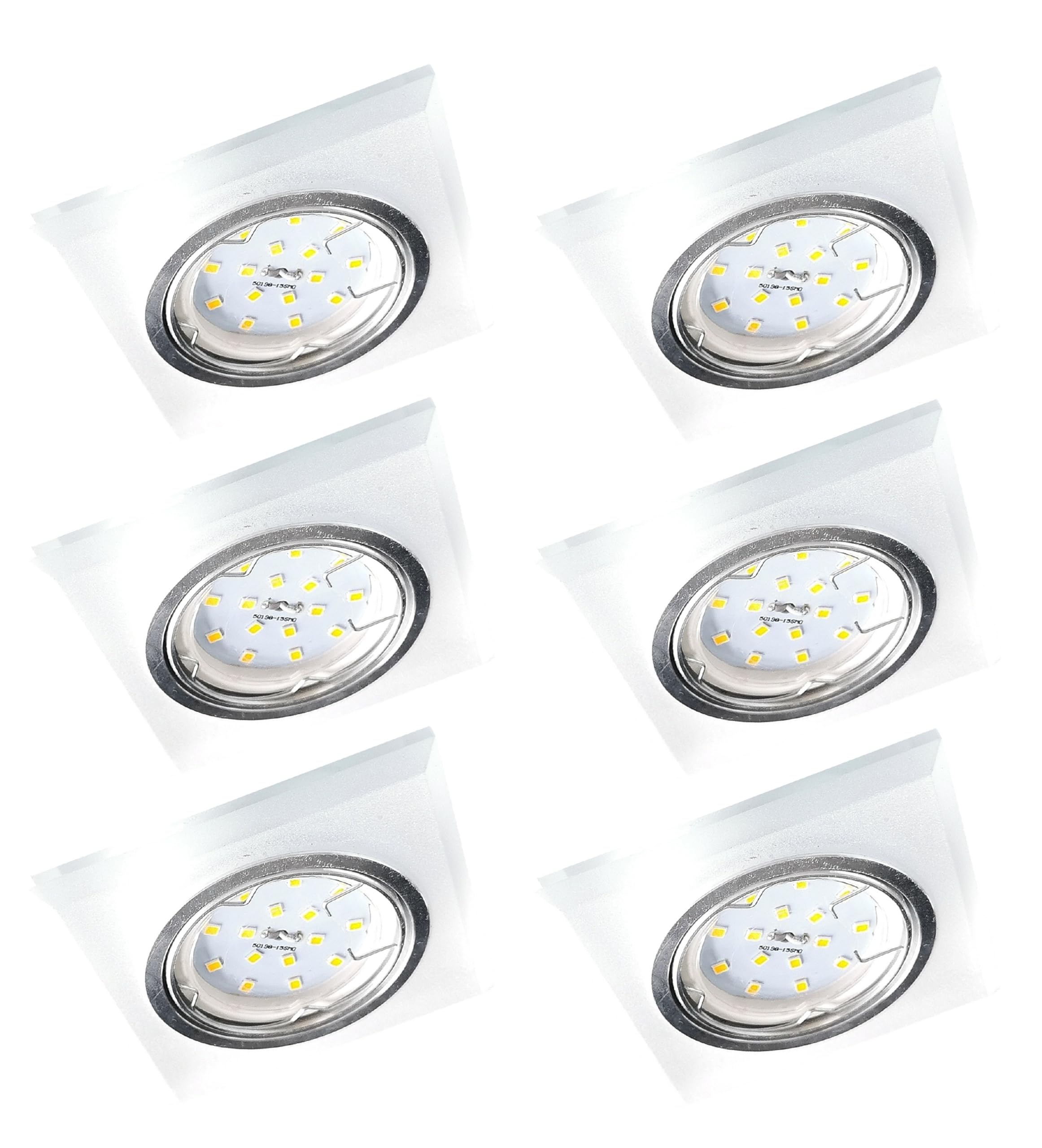 Trango 6er Set 6729(S)-06MOSD *CRYSTAL* Deckenstrahler aus satiniertem Glas inkl. 6x 3-Stufen dimmbar Ultra Flach LED Modul, 3000K warmweiß Einbauleuchte, Einbauspot, Deckenleuchte, Einbaustrahler