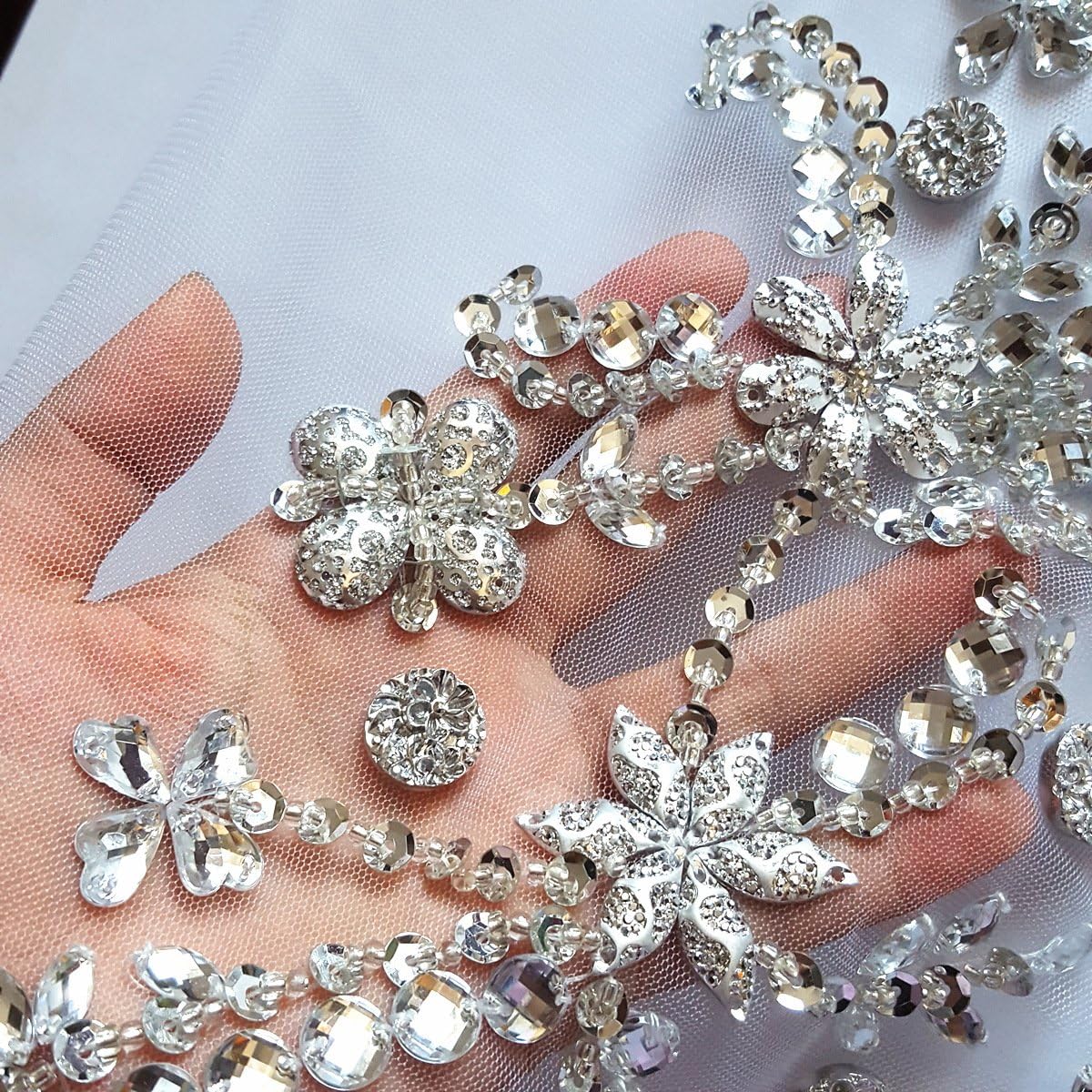 Noble Pure Handmade Beaded Crystal Patches Sew on Rhinestones with Stones Sequins Beads Applique Designs Patches Sewing for DIY Wedding Dress Trim 30x60cm (Silver Color)