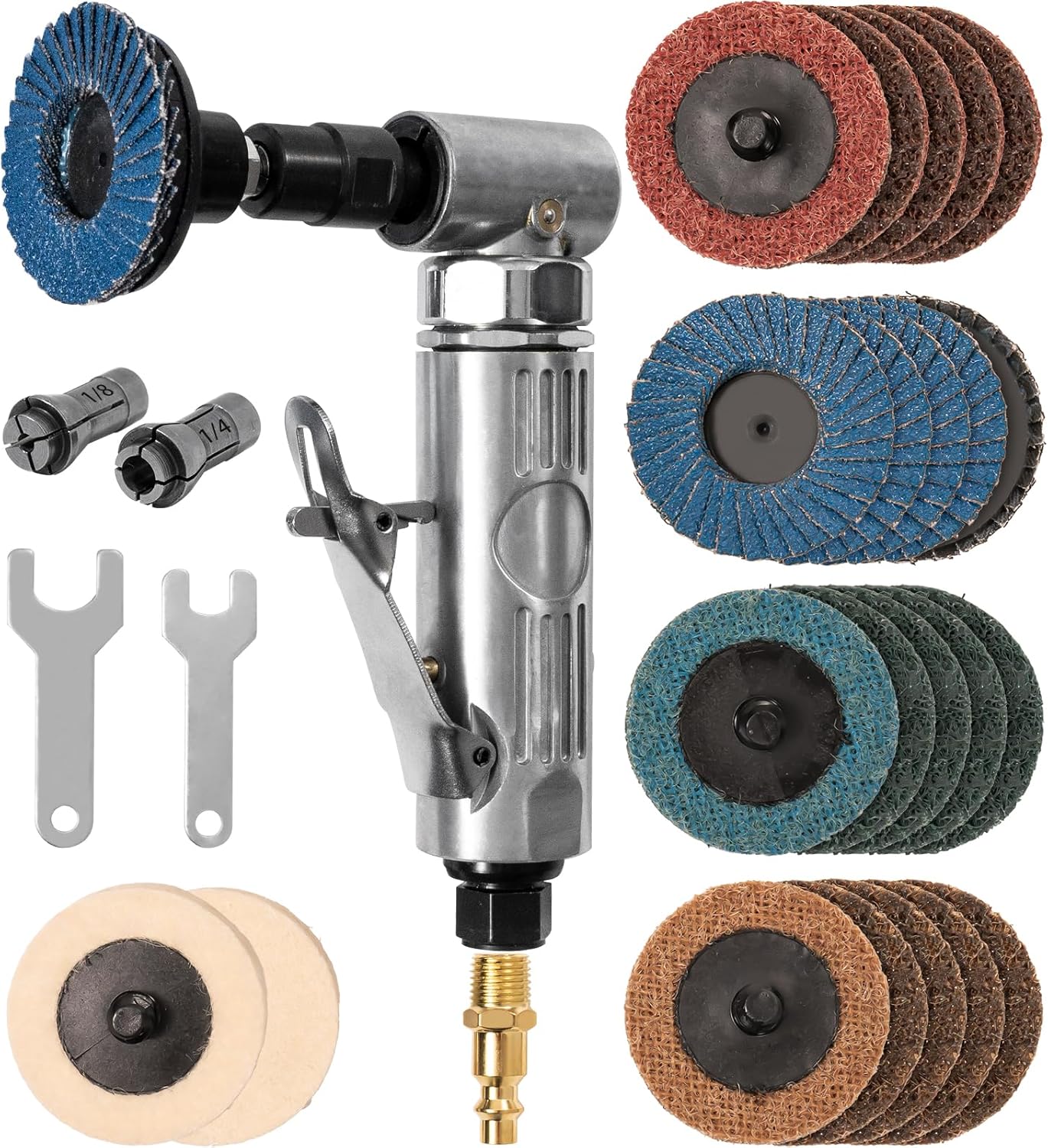 Right Angle Air Die Grinder With 22 pcs 2-inch Roll Lock Sanding Discs,1/4 inch Pneumatic Die Grinder Tool,Mini Angle Grinder Kit For Grinding,Polishing,Deburring