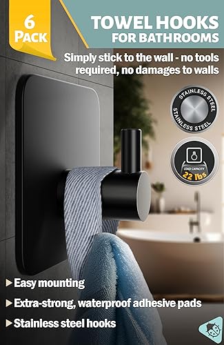Miniatura 2 de Menz Paquete de 6 ganchos adhesivos para toallas para baños, color negro, perchero autoadhesivo duradero, ganchos de pared adhesivos, soporte para