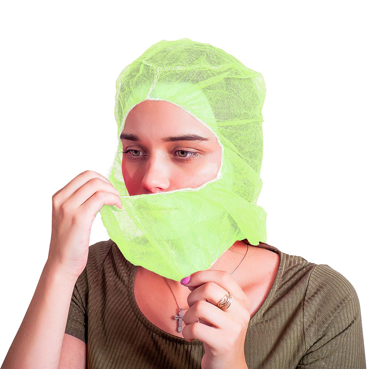 100 Pack Polypropylene Hooded Caps Green Non Woven Hoods with Elastic