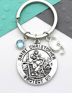 Personalized St Christopher Keychain, Travel Gift, Saint Christopher Custom Keyring, Personalised Birthstone, Initial, Let...