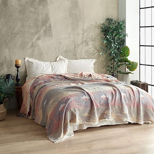 Aurora - Mantas de algodón tamaño Queen, manta de verano de algodón, manta de muselina ligera y transpirable para sofá, cama, silla, manta bohemia