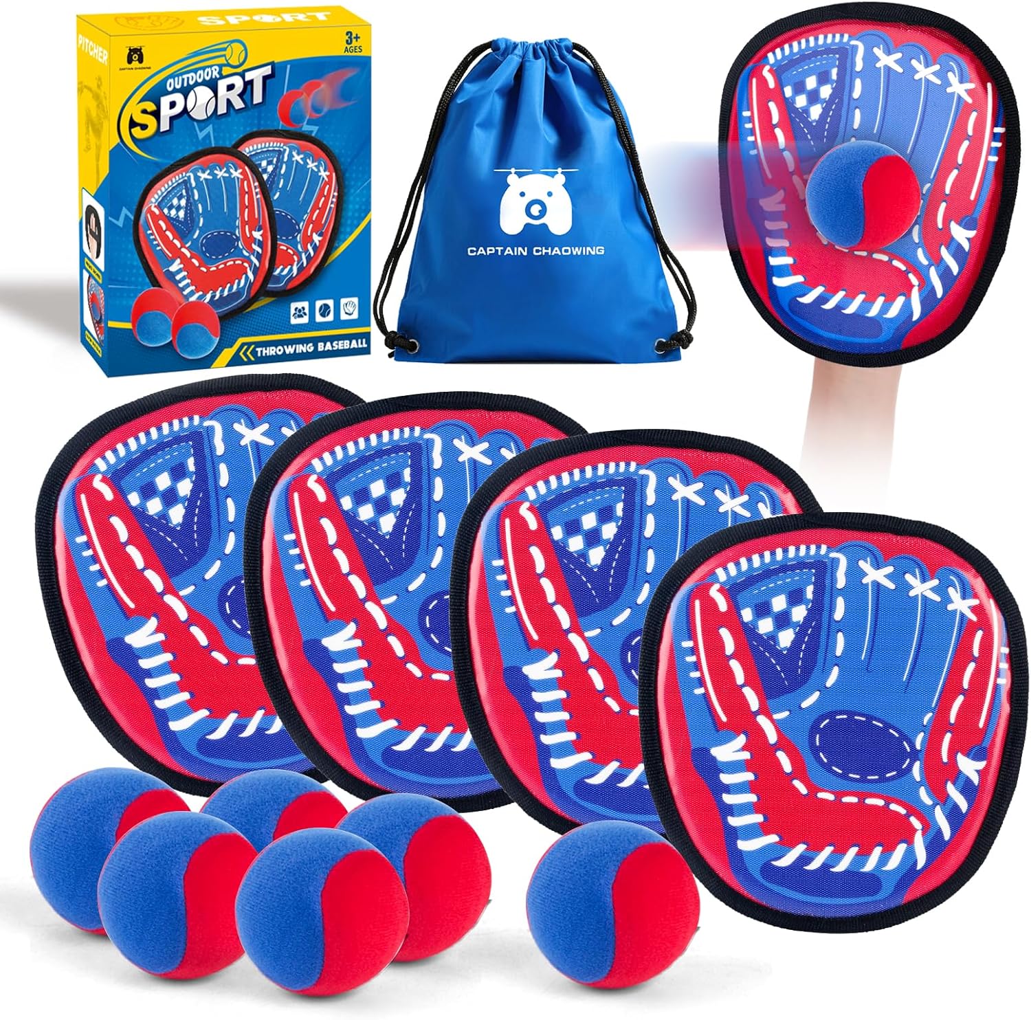 Toss and Catch Ball Set Outdoor Games for Kids, Beginner Toddler Baseball Training Glove Sticky Ball Catch Toys, Beach Pool Yard Games Toys for Kids and Family, Baseball Gift for Boys Girls Ages 3-12