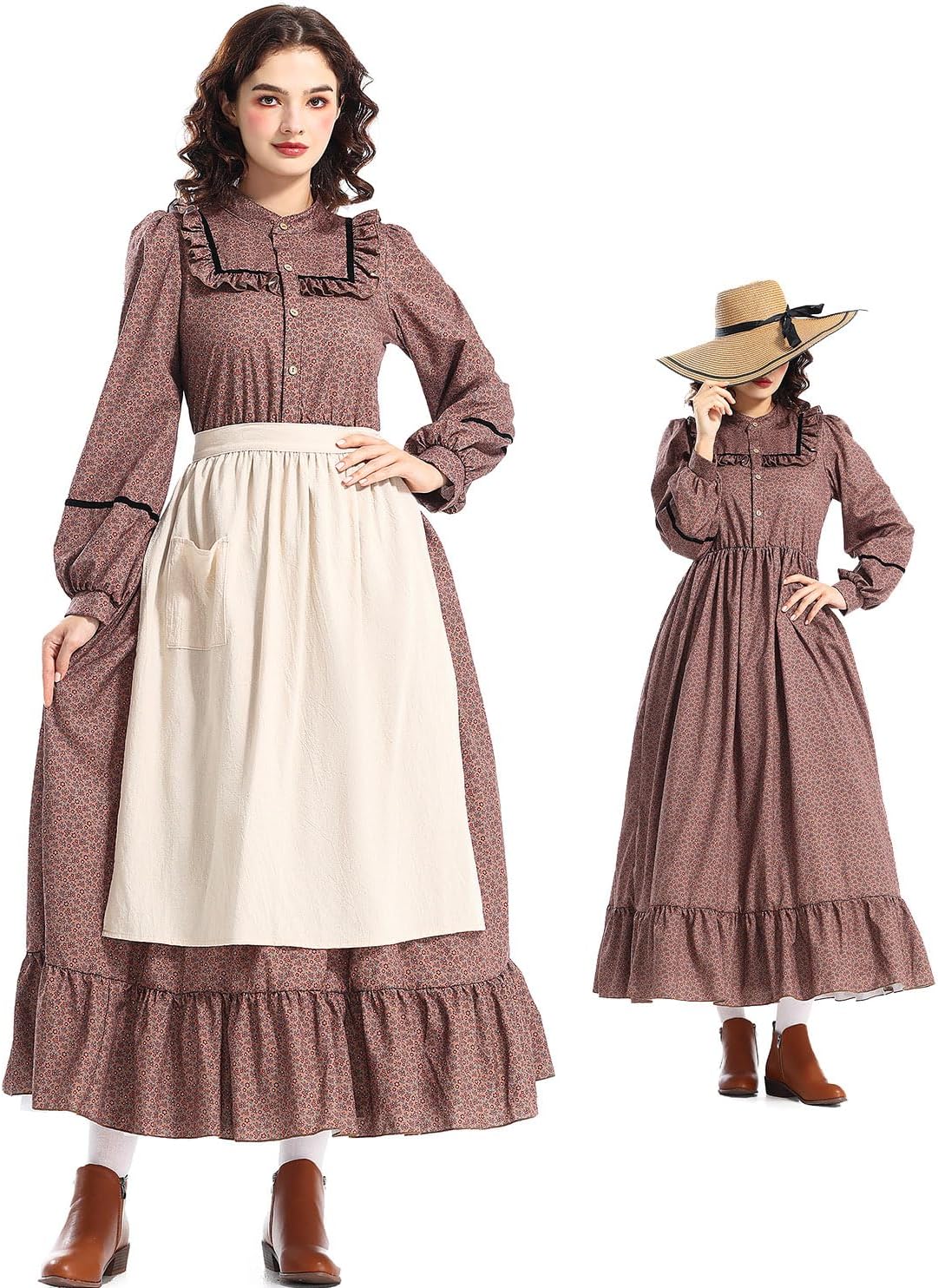 Pioneer Prairie Dress Women Floral Colonial Costume Long Sleeve American Historical Dress - Image 5