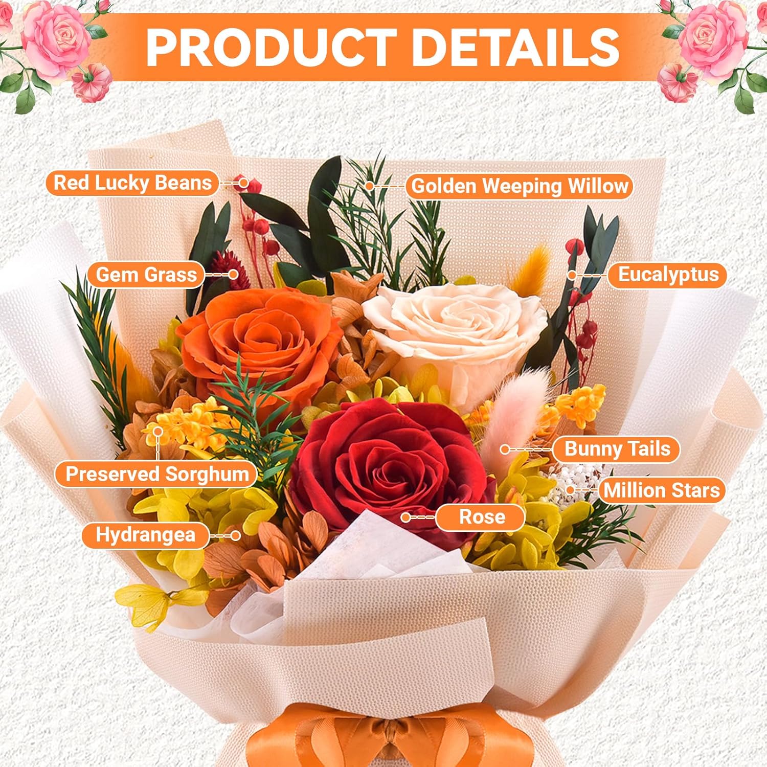 Preserved Flowers Bouquet, Flowers for Delivery,Handmade Orange Rose Bouquets Lasting 3-5 Years, Luxury Gift Box,Birthday Flowers Gifts for Women Mom Grandma Wife Friends - Image 2