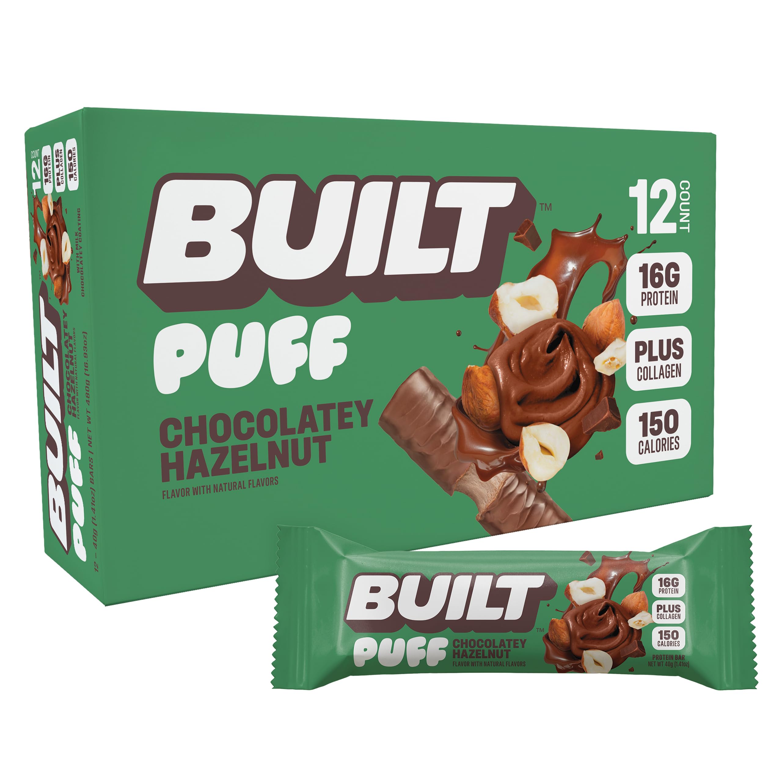 Built Bar Puff Protein Bars Chocolatey Hazelnut Collagen Marshmallowy Texture Gluten-Free 12 Pack - main product image