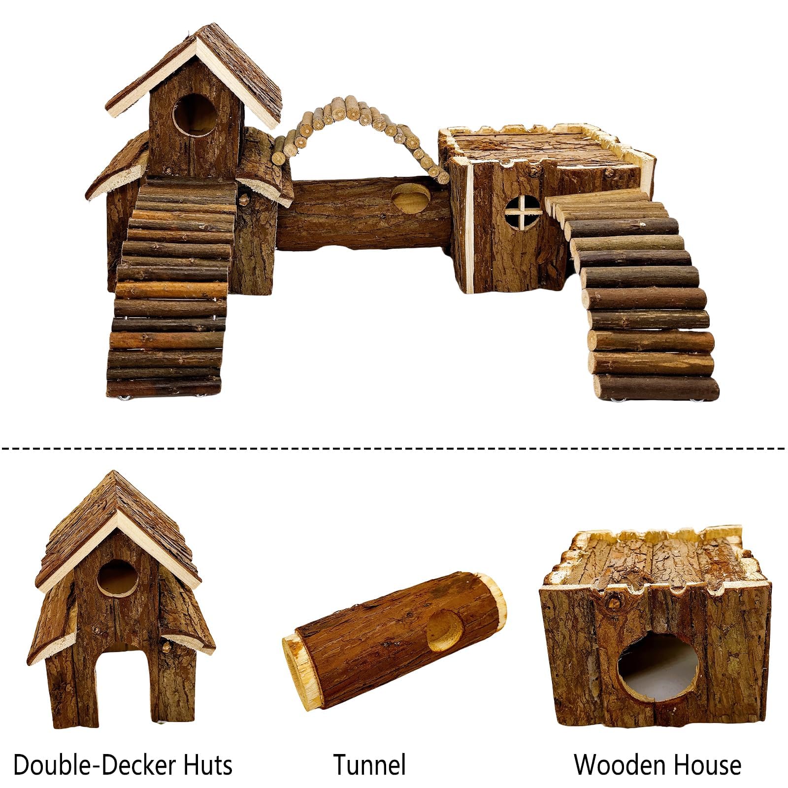 Hamiledyi Natürlicher Holz-Hamster-Tunnel, Spielplatz, Kleintiere, Mehrraum-Versteckhäuser, Häuser mit Kletterleitern und Brücke für Zwerghamster, Mäuse und andere Kleintiere, 47 x 22 x 15 cm