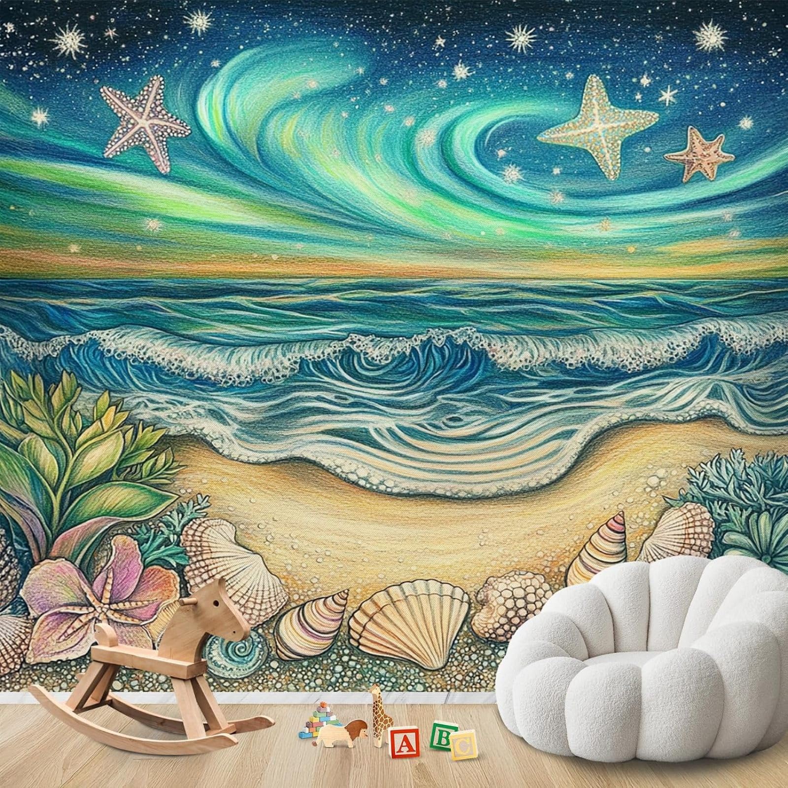 Hgjdjhnf 3D Mural Photo Mural - Wallpaper Starry Sky Sea Beach Starfish Shell Living Room Bedroom Children's Room Wall Decoration Motif,350Cmx256cm Poster - Wall Sticker - Frameless Picture