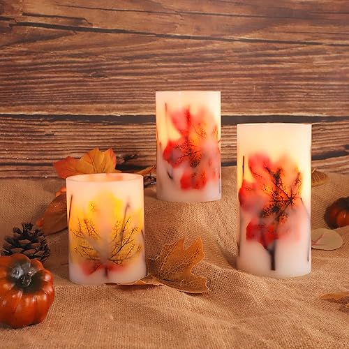 Miniatura 6 de Velas LED sin llama de otoño con control remoto y temporizador, vela de pilar temática de otoño incrustada con hojas de arce para decoraciones de