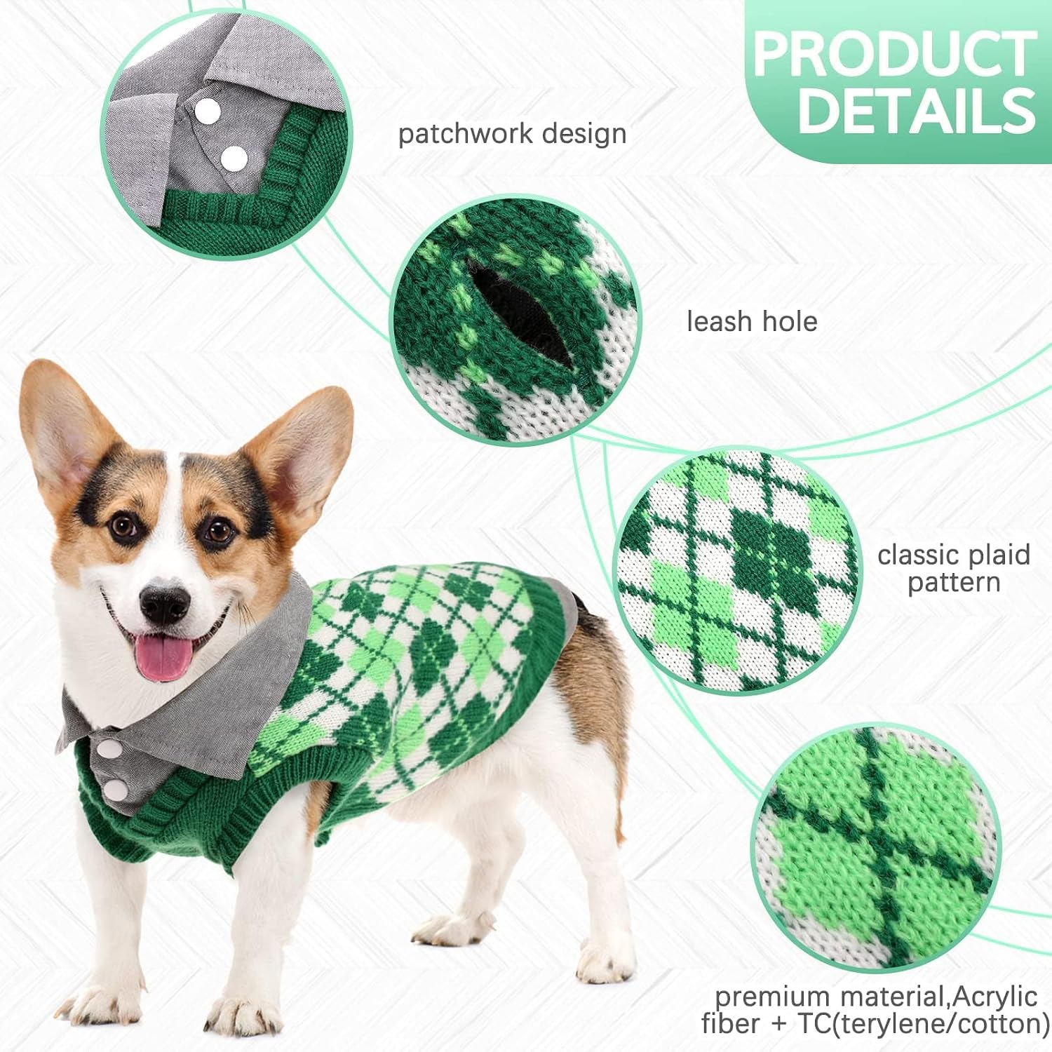 Kuoser Dog Sweater Plaid Dog Sweaters with Harness Hole, Polo Design Puppy Knitwear Fall Winter Sweater for Medium Large Dogs, Pet Cold Weather Clothes Warm Doggie Pullover Sweatshirt, Green L