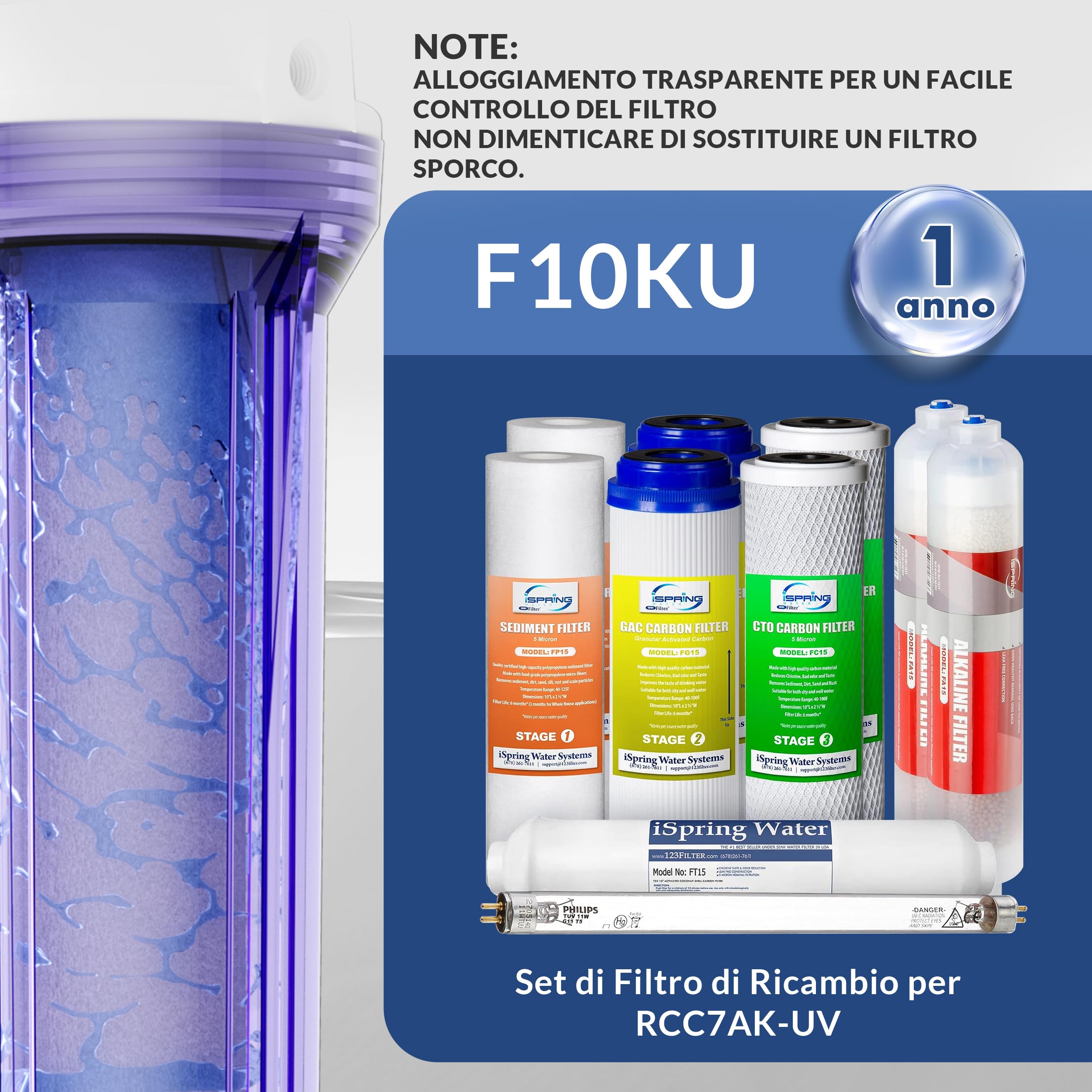 iSpring RCC7AK-UV Certificato NSF, 75GPD Sistema di Filtraggio dell'acqua Potabile a Osmosi Inversa a 7 Stadi Sotto Lavello con Filtro di Rimineralizzazione Alcalino e Filtro UV Ultravioletto