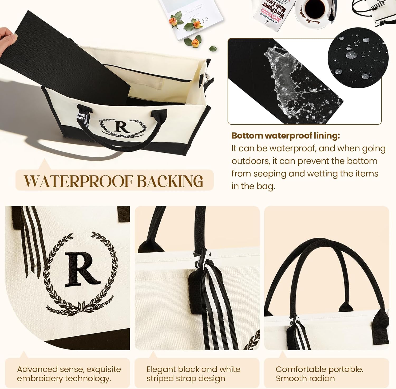 Personalized Canvas Tote Bag for Women Makeup Pouch Initial Beach Bag Removable Bottom Board for Travel Birthday