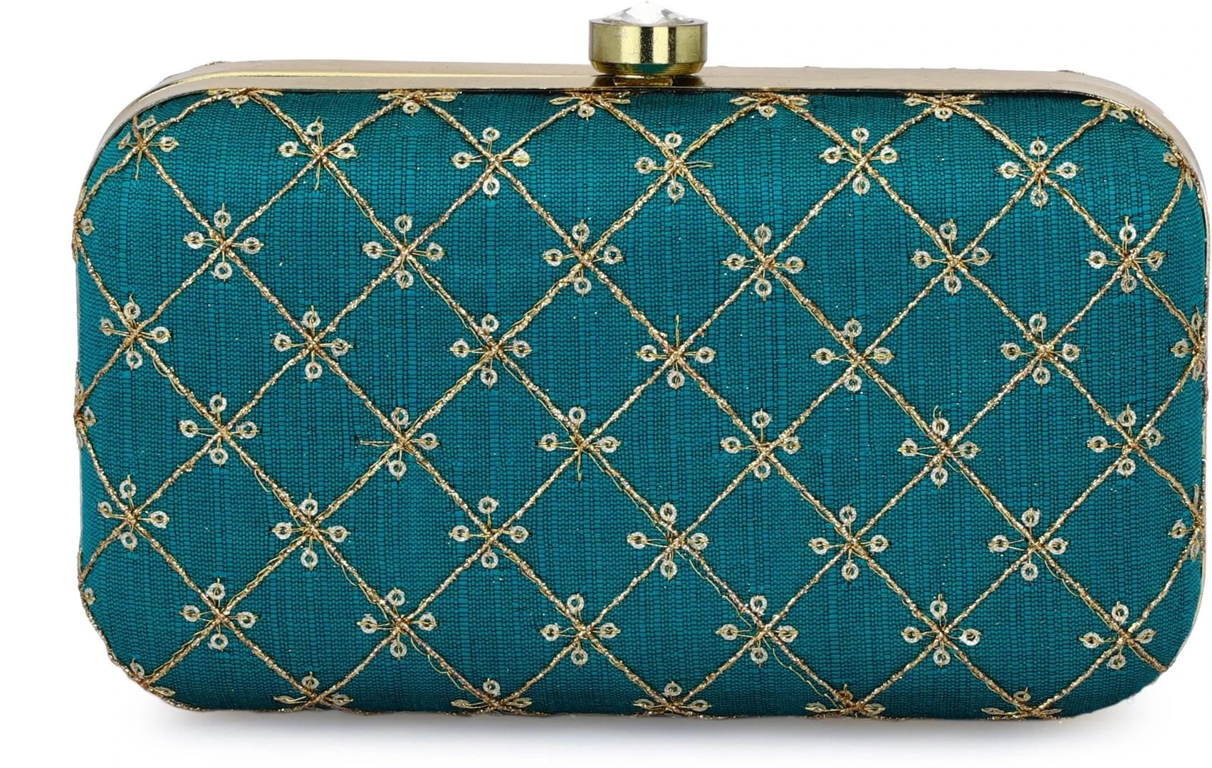 Turquoise Velvet Embroidered Jaal Clutch Bag – Ethnic Handcrafted Purse with Gold Chain Strap for Women, Ideal for Festive-image-26