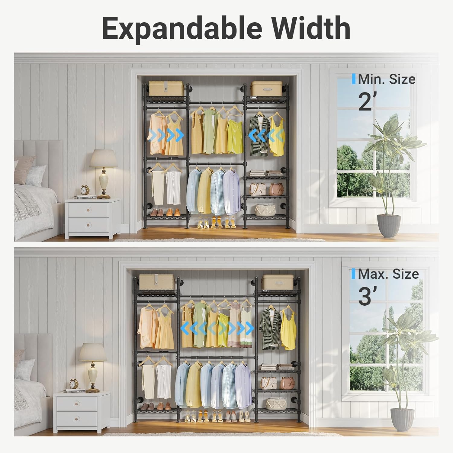 Timate F3 Medium Wall Mounted Clothes rack Expandable Closet, Industrial Pipe Clothing Rack for Hanging Clothes, Heavy Duty Clothes Rack with Shelves, Garment Rack Wall Closet System Black Pipe Closet