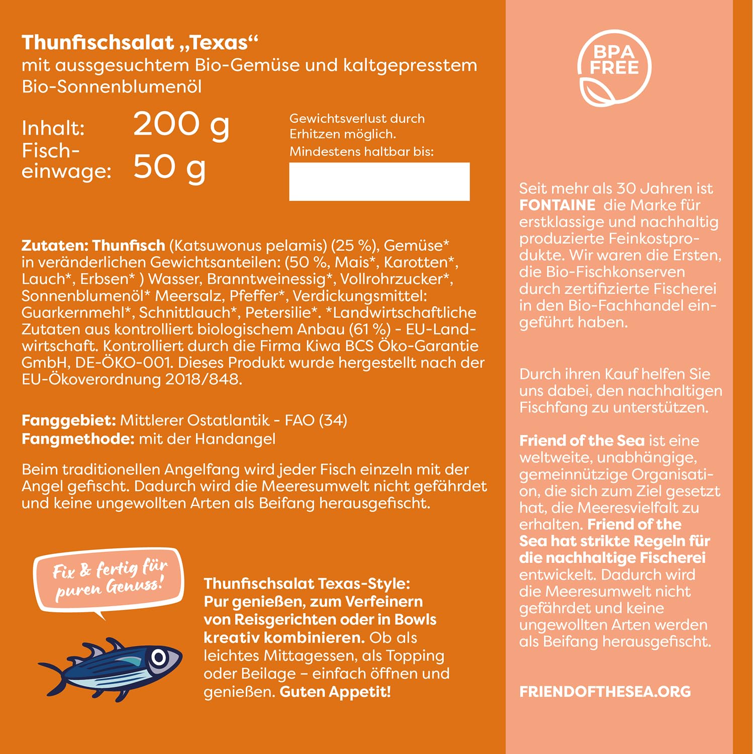 Fontaine - Thunfischsalat Texas - 200 g - 5er Pack - mit Bonito Thunfischfilets aus 100% zertifizierter, nachhaltiger Fischerei und Bio-Gemüse aus kontrolliertem Anbau