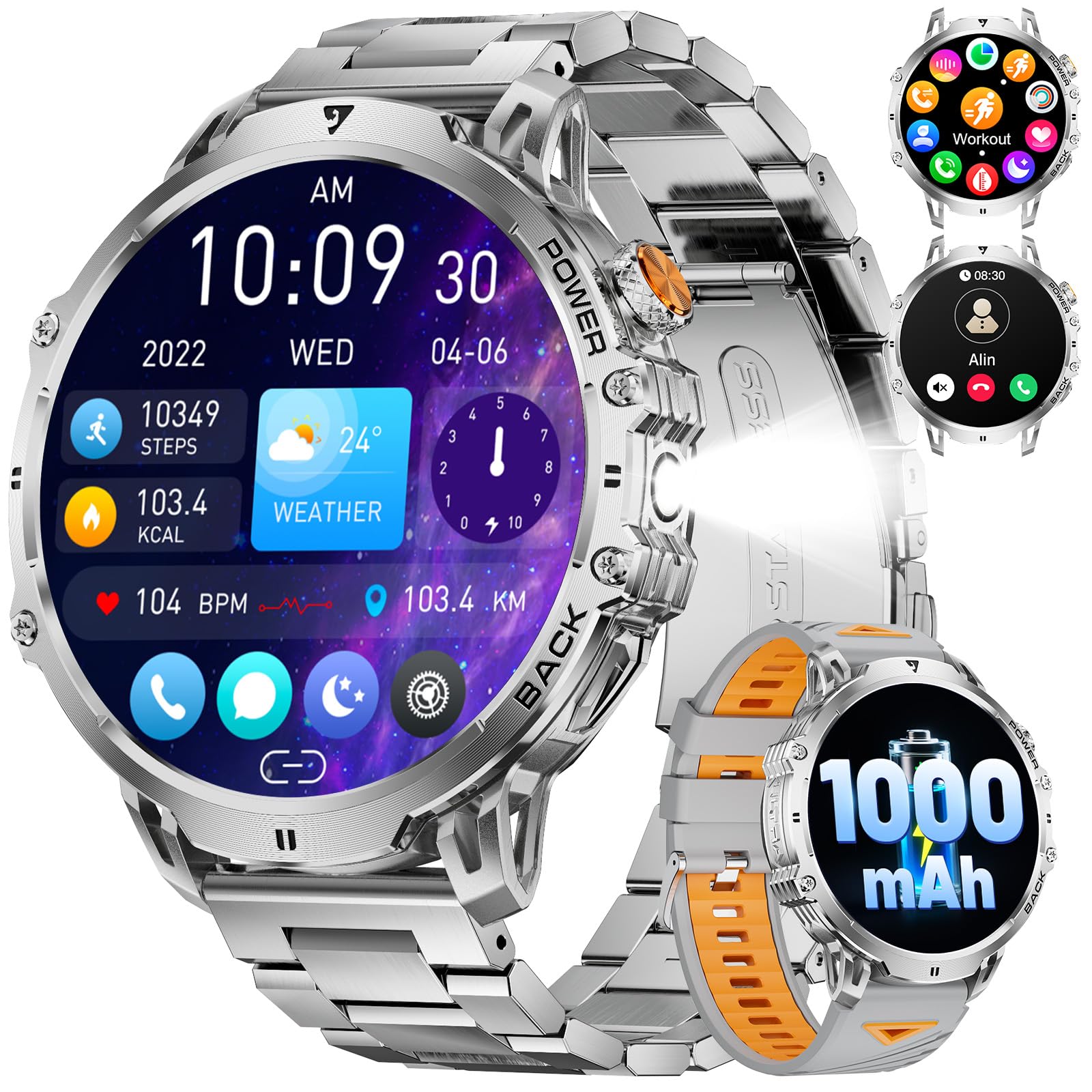 Military Smart Watch for Men, 1.85" HD Large Screen, Bluetooth Call/1000mAh/Flashlight/Heart Rate Sleep Monitor, 110+ Sports Modes Fitness Tracker Watch for Android iOS, Holiday, Silver Steel