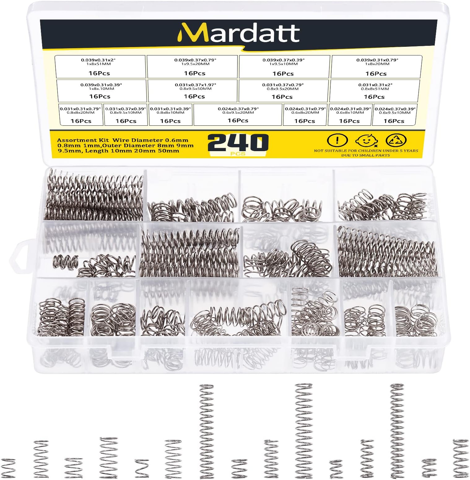 240 Pcs 15 Size Compression Springs Assortment Kit Mini Stainless Steel Springs with Case Wire Diameter 0.6mm 0.8mm 1mm, Outer Diameter 8mm 9mm 9.5mm, Length 10mm 20mm 50mm