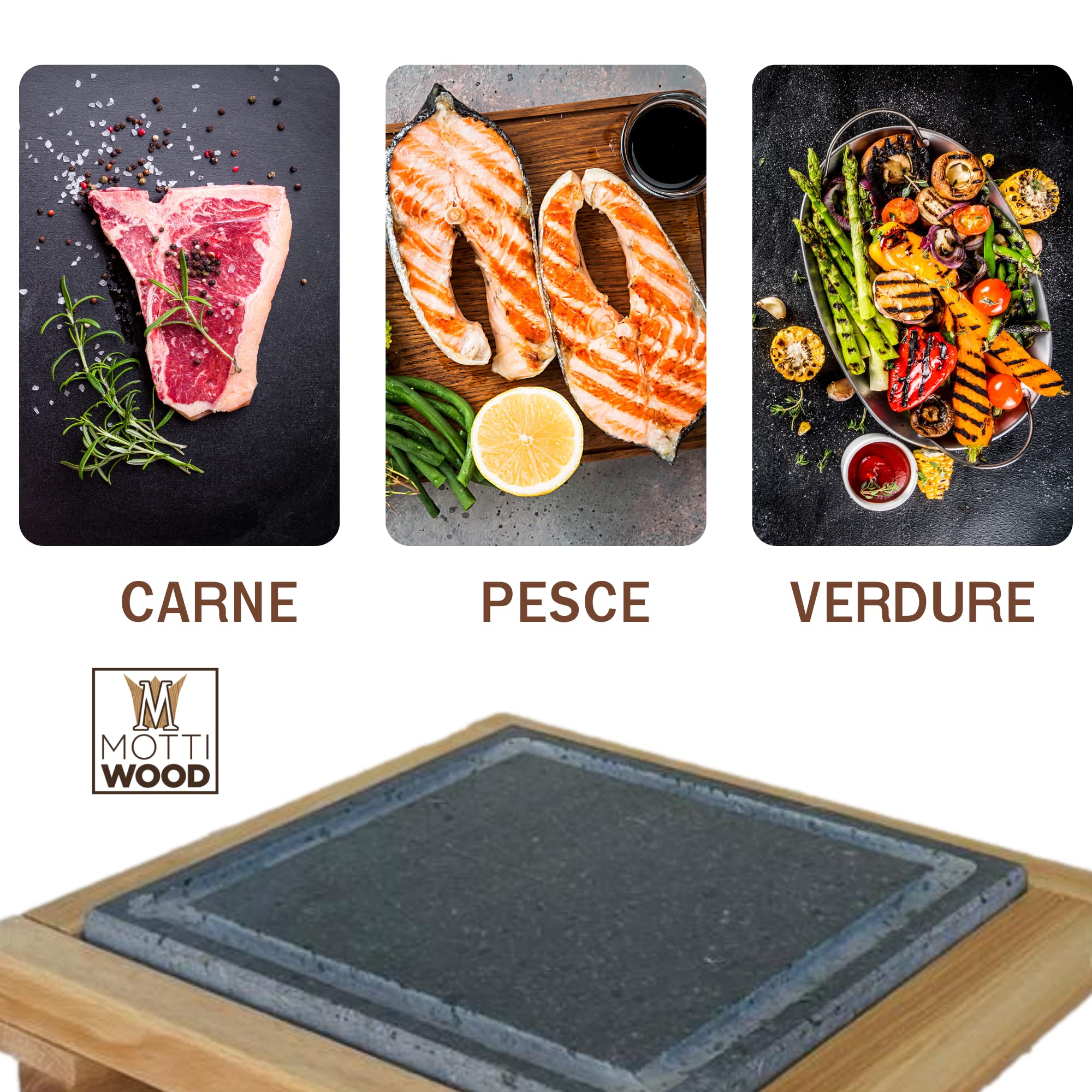 Mottinox Pietra Lavica Siciliana con Scolo, Quadrata 30x30, con Supporto Legno Faggio, Estraibile, Piastra Refrattaria per Cucinare (30x30cm) (MTX131)