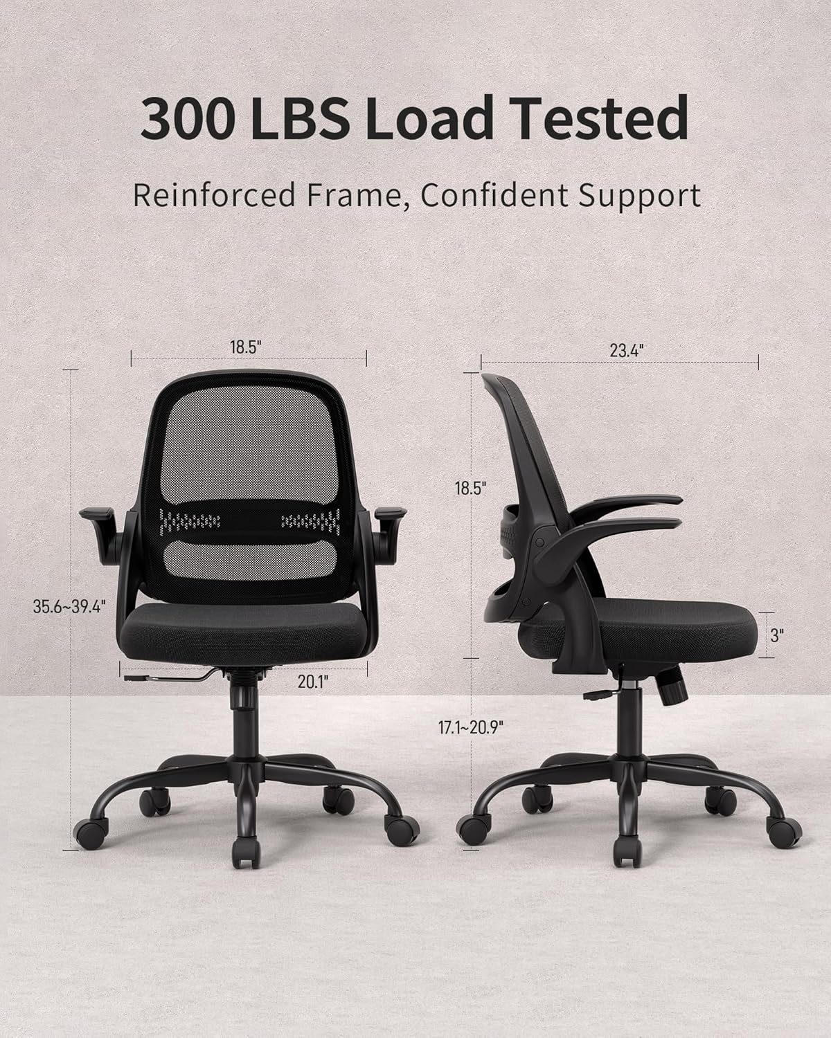 Ergonomic Mesh Office Chair with Flip-Up Arms, Adjustable Height, Breathable Mesh Back & Thick Cushion Seat, 360° Swivel Rolling Computer Desk Chair, BIFMA Certified, Supports 300 lbs (Black) - Image 2