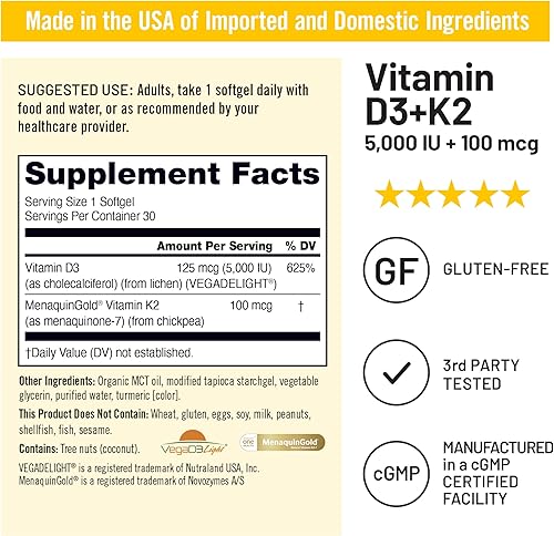 Miniatura 6 de NatureWise Vitamina vegana D3 + K2 con aceite orgánico de coco MCT  D3 orgánico 5000IU + K2 natural 100mcg  Soporte óseo de alta absorción  Sin soja